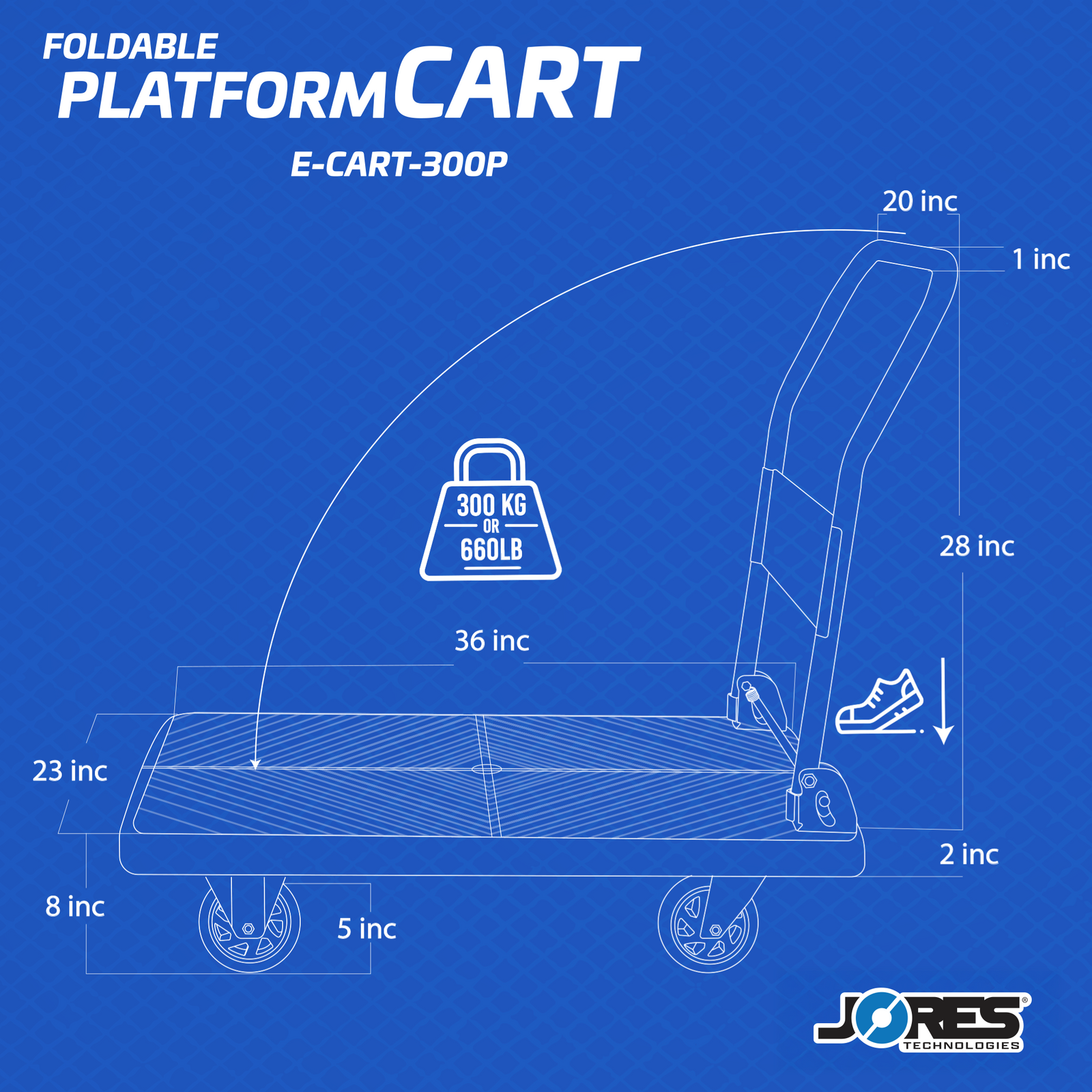 Graphic of the JORES TECHNOLOGIES® foldable platform cart showing the max weight the cart can handle which is 300KG or 660LB and also measurements of  the platform of the dolly cart: 36inch x 23 inch