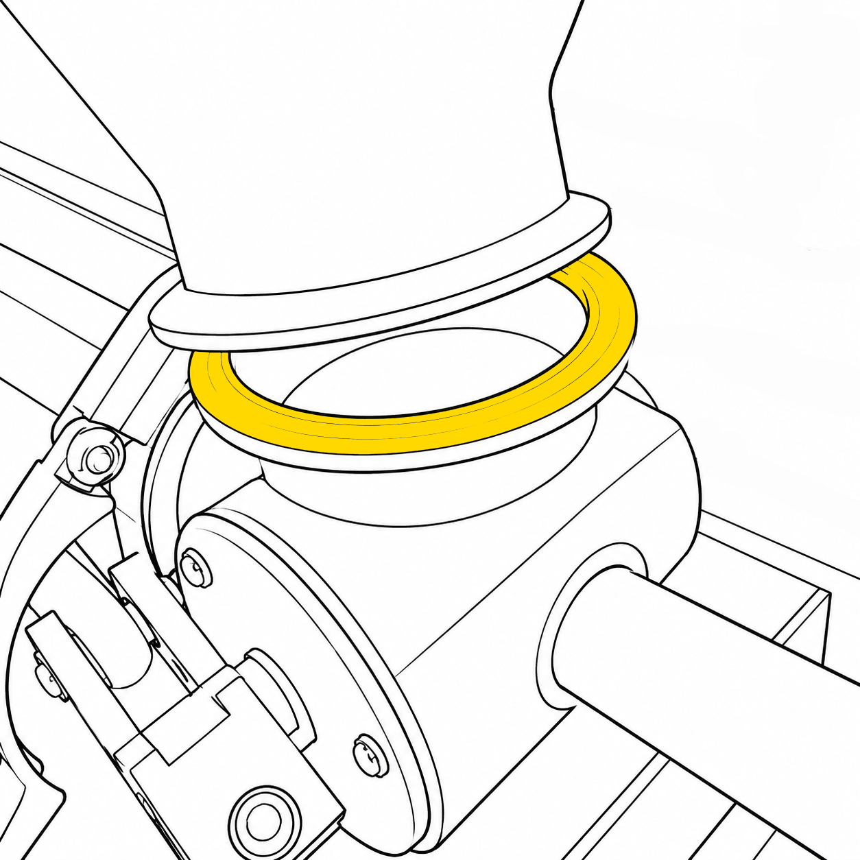 outline of a piston filler showing in yellow the location of the 3 inch white silicone gasket with clamp removed