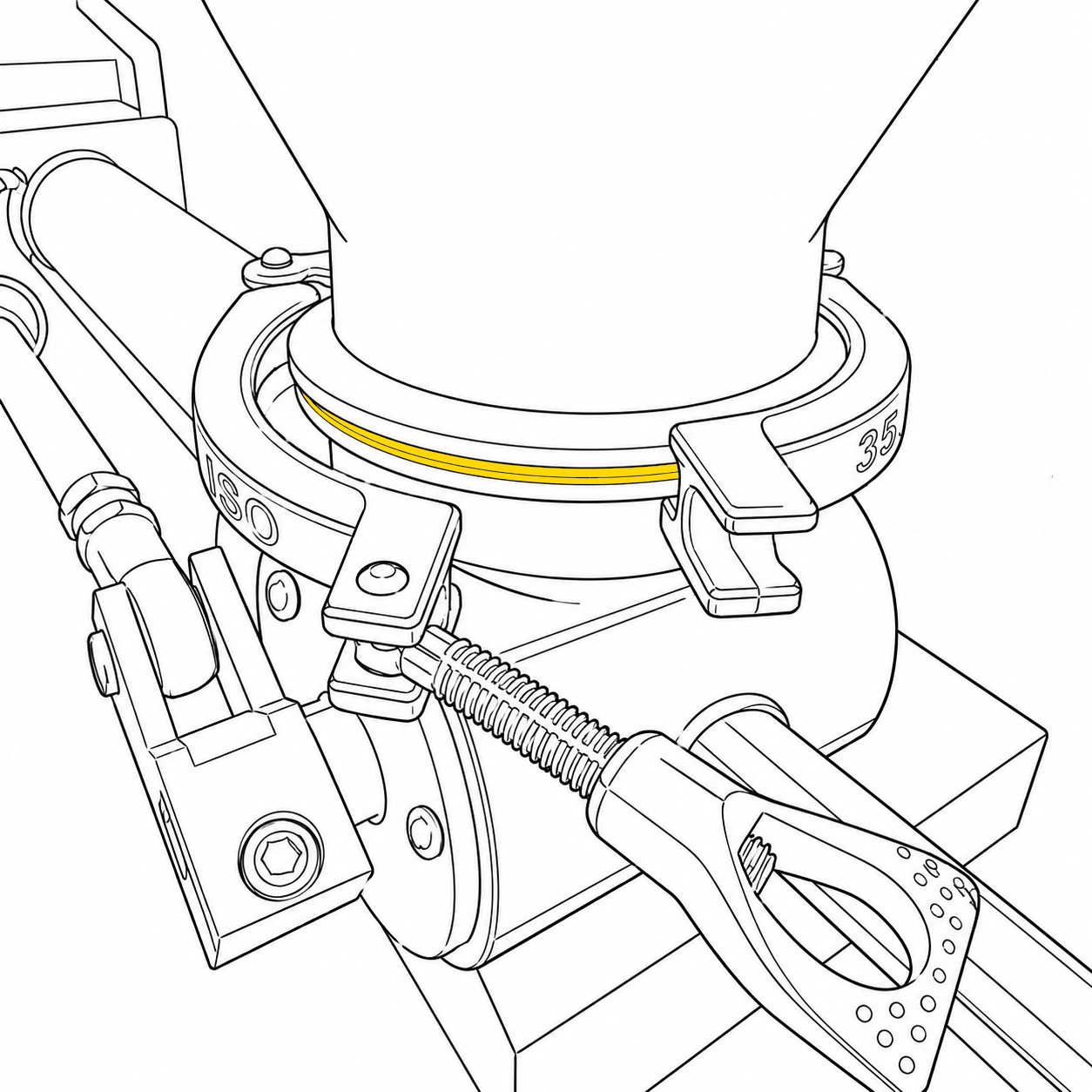 outline of a piston filler showing in yellow the location of the 3 inch white silicone gasket with clamp