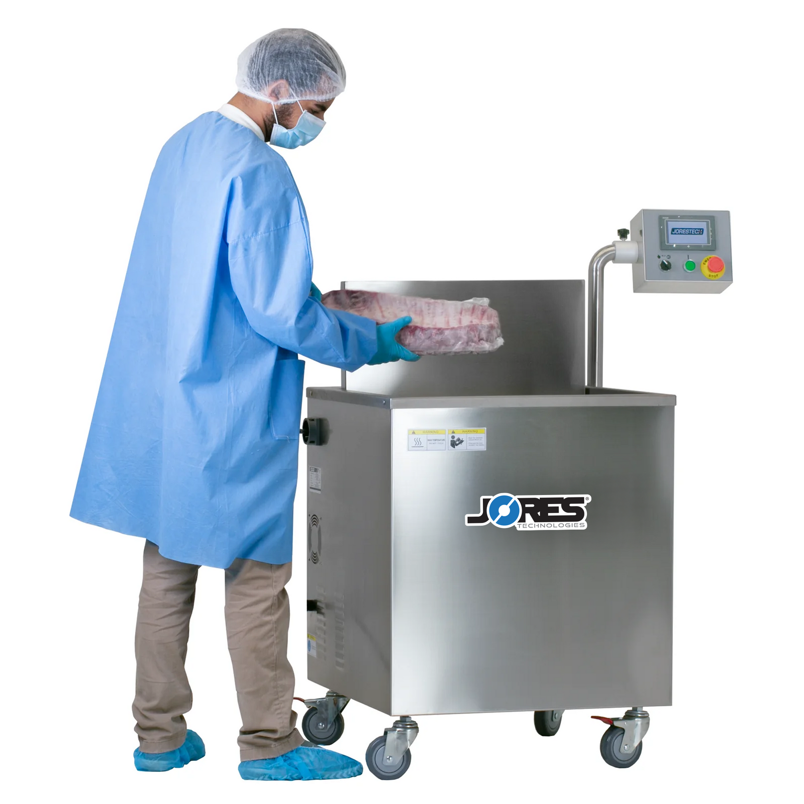 Person wearing disposable protective clothing removing a rack of ribs with shrink film from the tank of a JORES TECHNOLOGIES® semi-automatic dip style hot water shrink machine