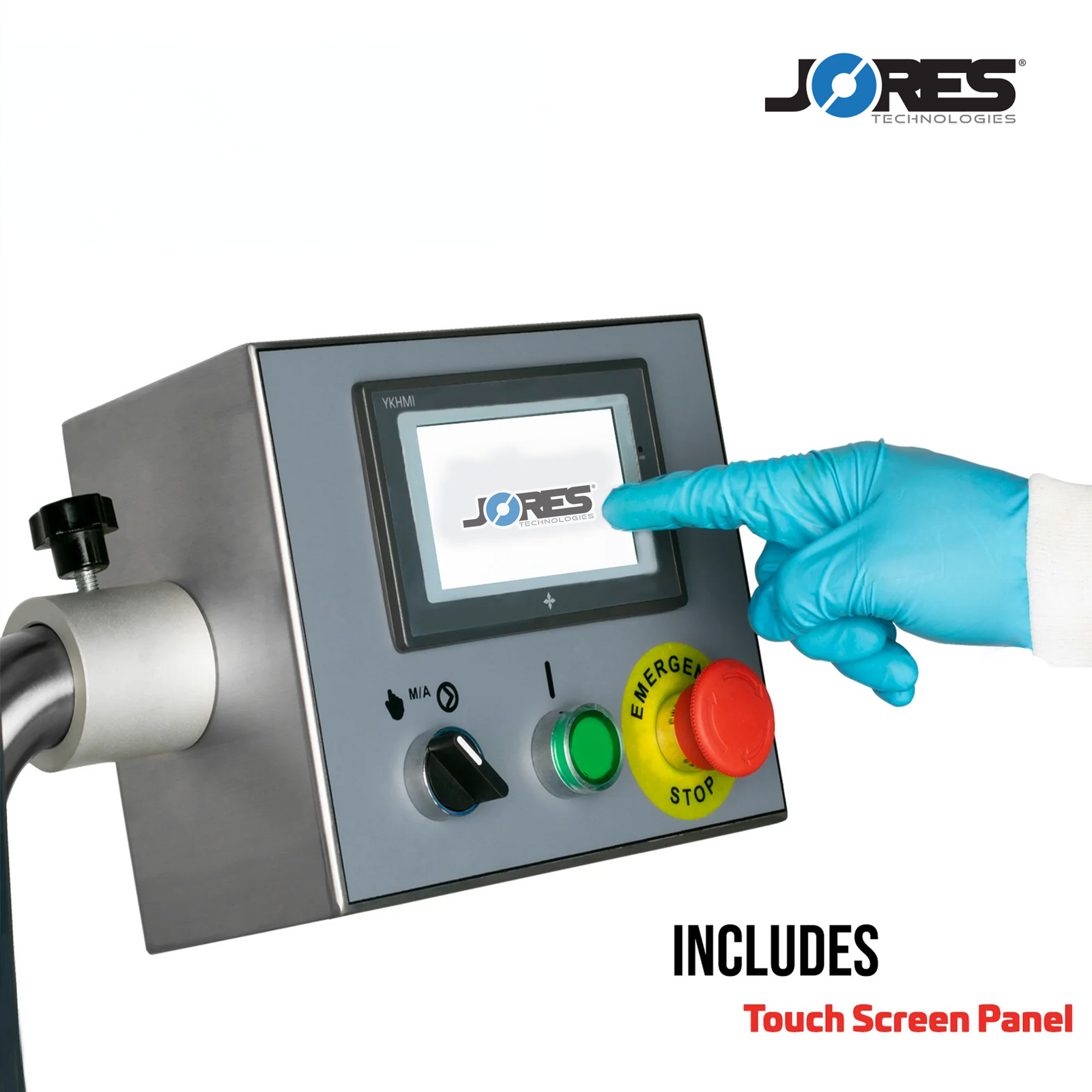 Person operating the touch screen control panel of the JORES TECHNOLOGIES® dip style hot water shrink and vacuum tank