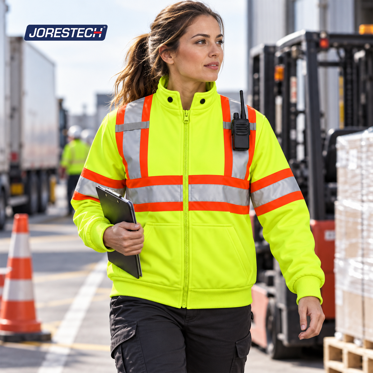 Jorestech high-visibility lime-yellow safety jacket with radio loop, shown in use by a logistics worker in an industrial shipping yard environment.
