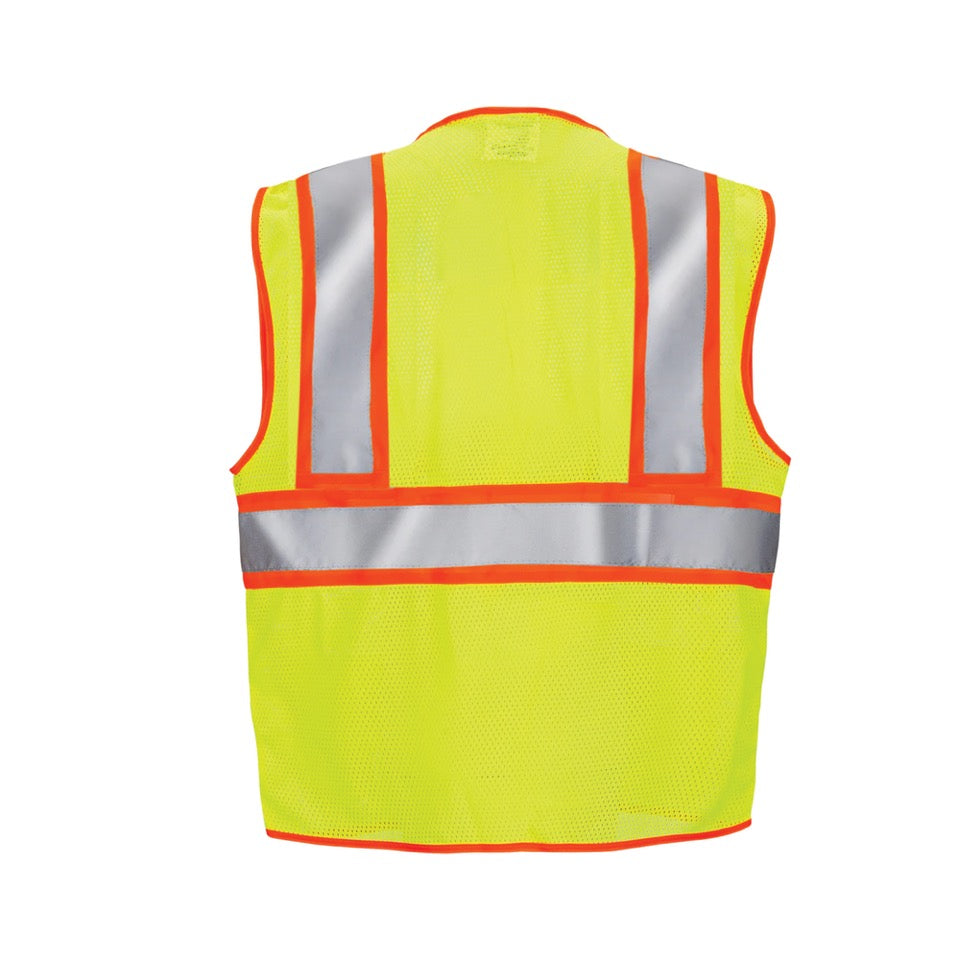 Back view of the hi vis two toned Yellow mesh safety vest with 2 inches reflective strop and pockets