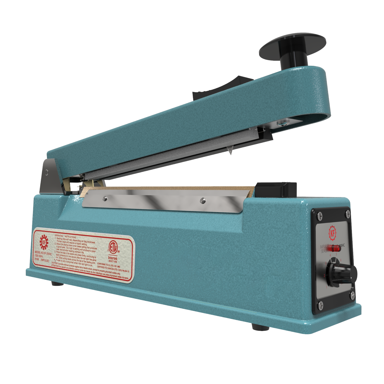 Blue manual impulse sealer machine with cutter over white background. Heat sealing machine is with the jaw open
