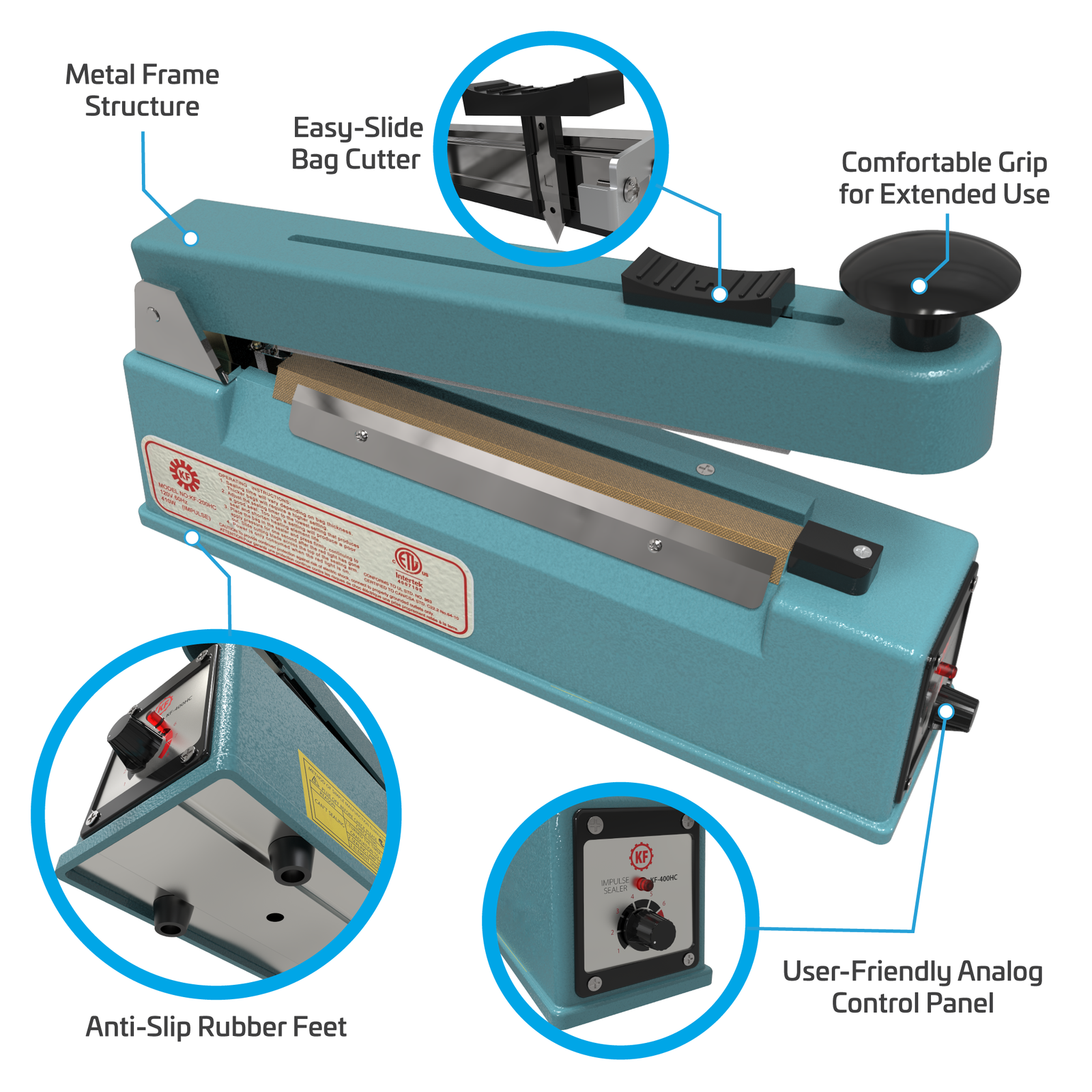 Blue manual impulse sealer over white background. Highlighted features include, Metal Frame Structure, Easy-slide bag cutter, Comfortable Grip for Extended Use, Anti-slip Rubber Feet, and User Friendly Analog Control Panel. Zoomed close-ups of rubber feet and control panel.