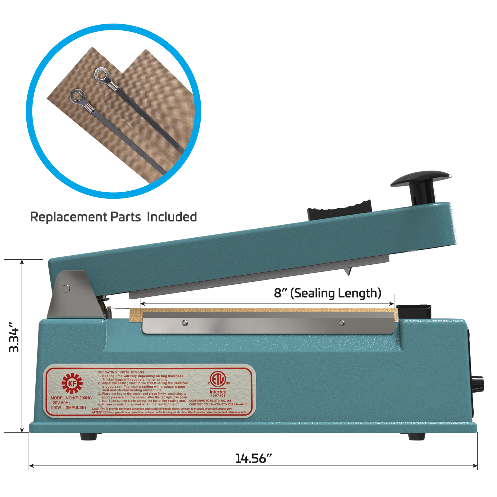 Blue portable manual impulse bag sealer with machine measurements. Feature reads 