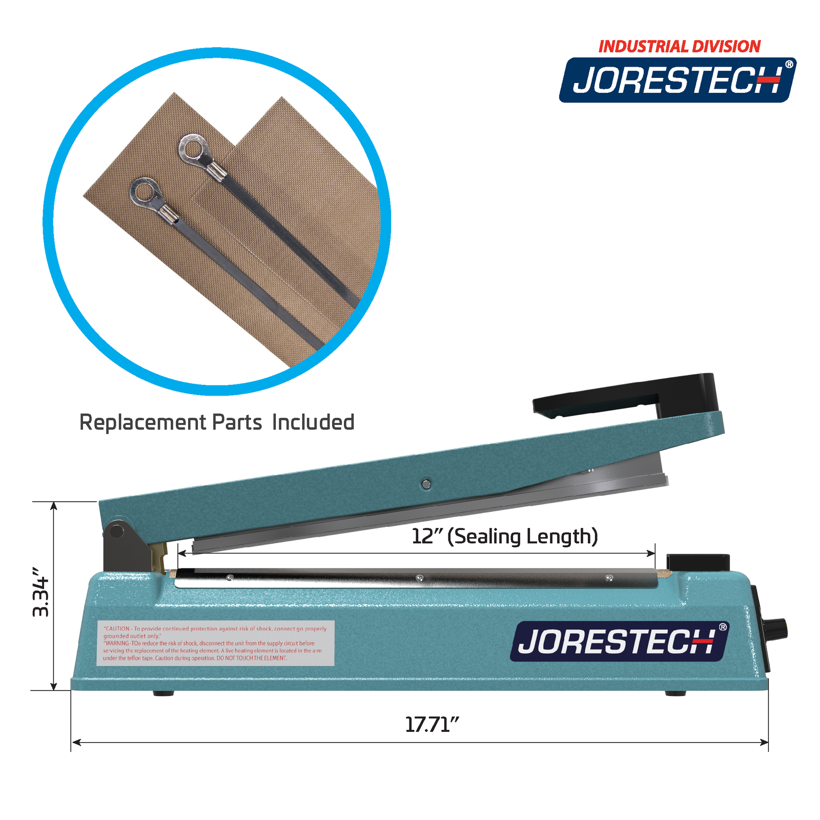 Infographic of blue JORESTECH manual impulse sealer with machine measurements. Highlighted feature reads 