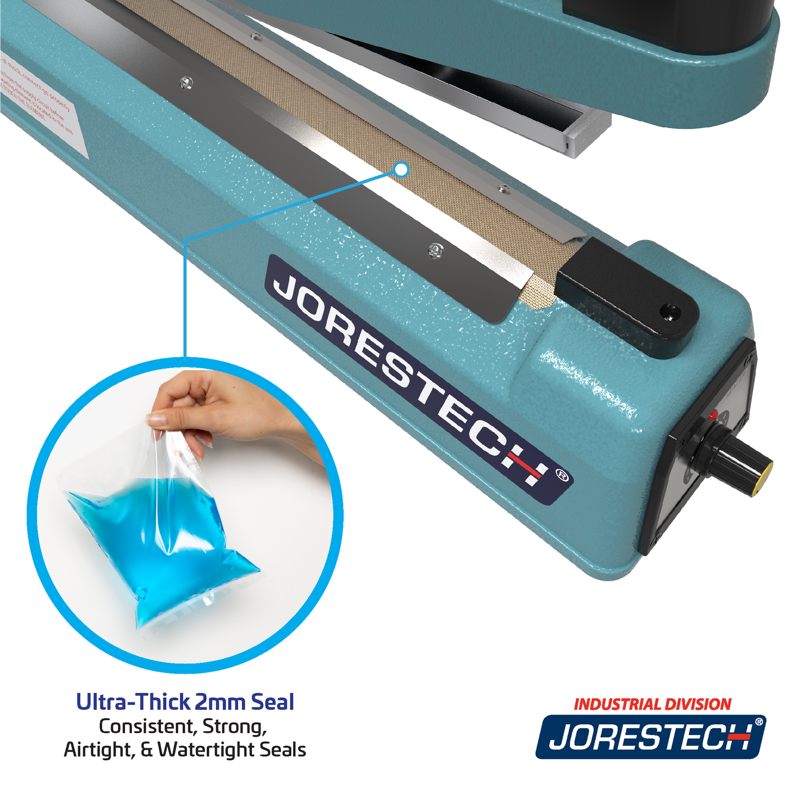 blue JORESTECH manual impulse sealer over white background. Zoomed in with the sealing element. Highlighted feature reads 