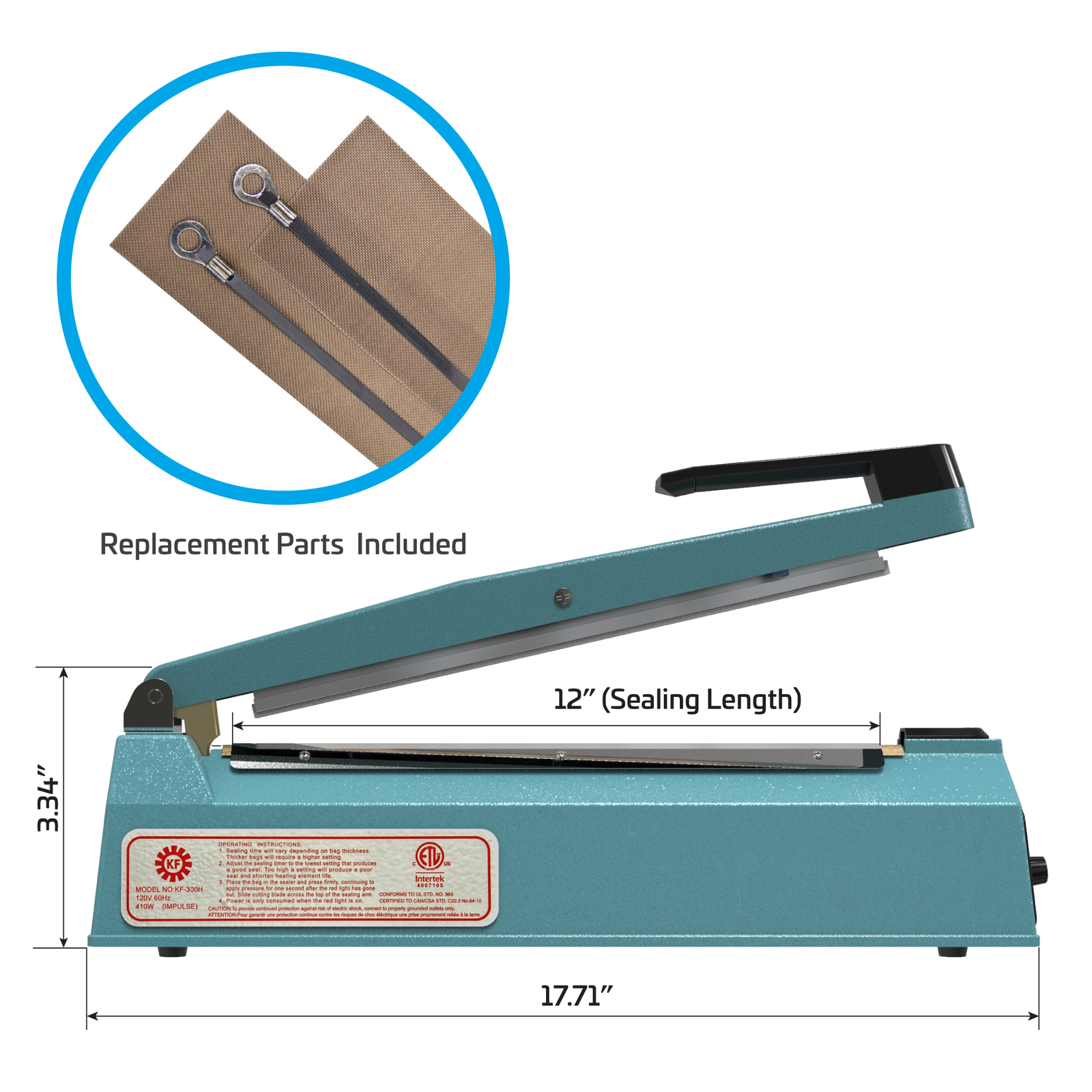Portable manual impulse bag sealer with machine measurements. Feature reads 