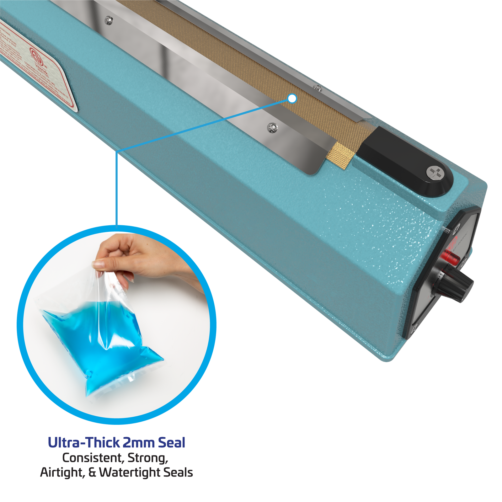 12 Inch manual impulse sealer. Zoomed in showing the sealing element. Feature reads 