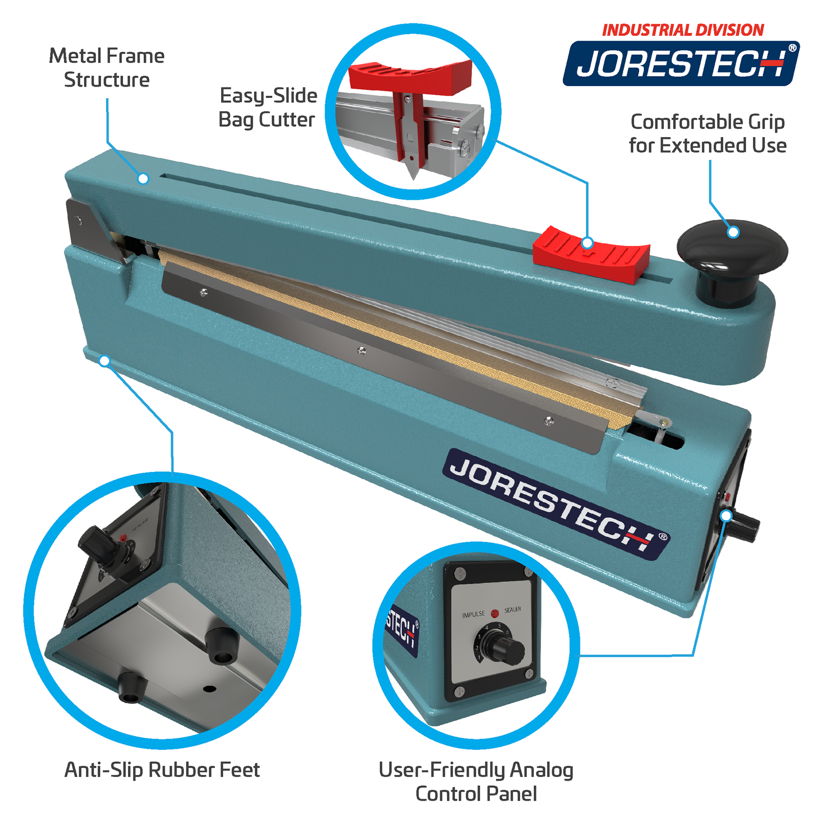 Infographic of 12 blue manual impulse sealer. Highlighted features include, Metal Frame Structure, Easy-slide bag cutter, Comfortable Grip for Extended Use, Anti-slip Rubber Feet, and User Friendly Analog Control Panel. Zoomed images show close-ups of rubber feet and control panel.
