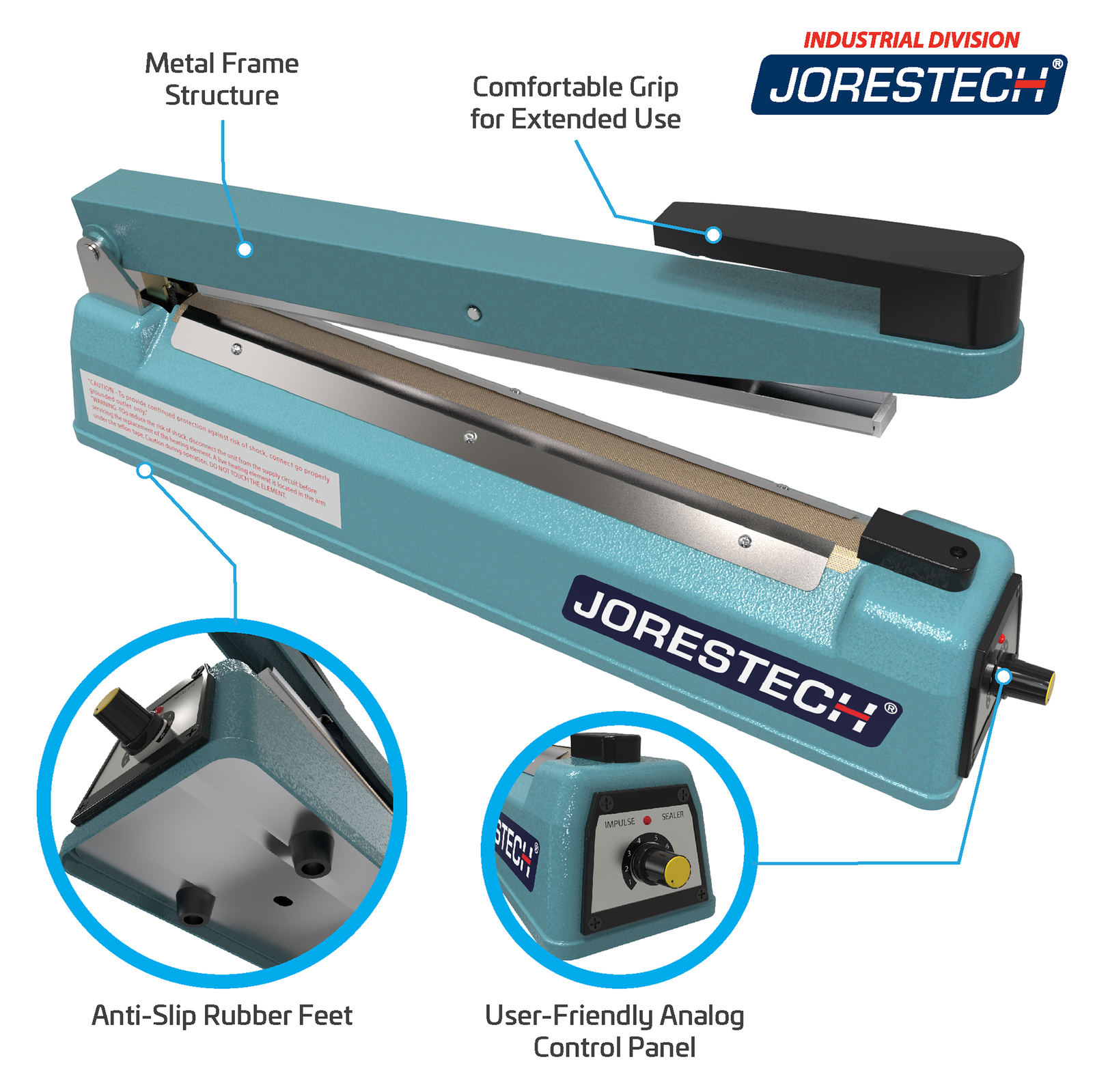 Blue manual impulse bag sealer by JORES TECHNOLOGIES®. Features include, Metal Frame Structure, Comfortable Grip for Extended Use, Anti-slip Rubber Feet, and User Friendly Analog Control Panel. Close-ups of rubber feet and control panel.
