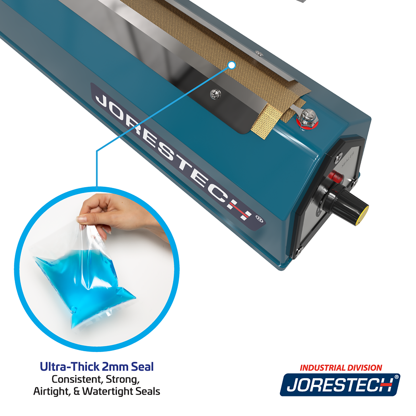 Infographic shows blue JORESTECH manual impulse sealer over white background. The image is zoomed in showing the sealing element. Highlighted feature reads 