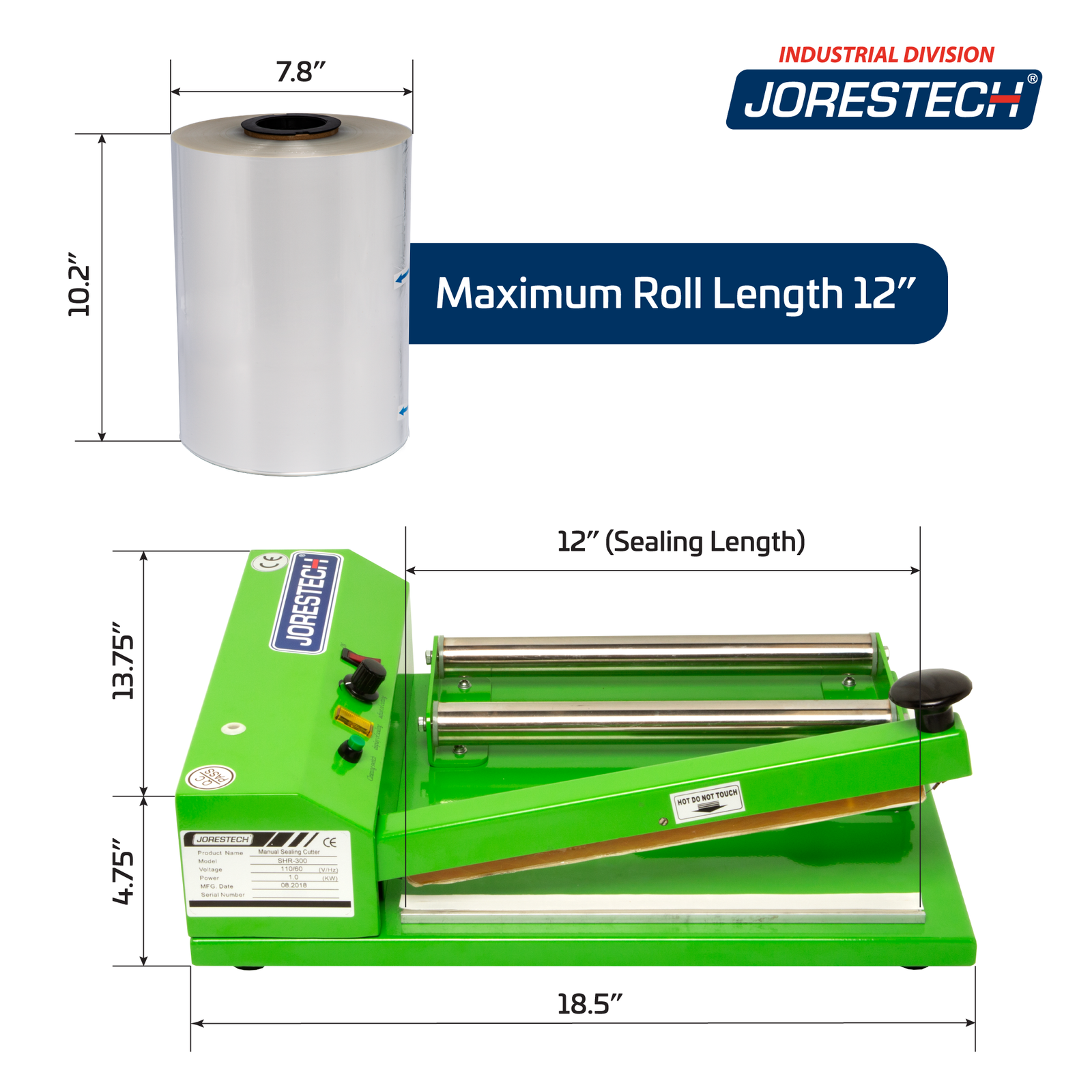 Shows a JORESTECH shrink film roll and a green JORESTECH shrink film dispenser machine with their respective measurements. Text next to the shrink roll reads 
