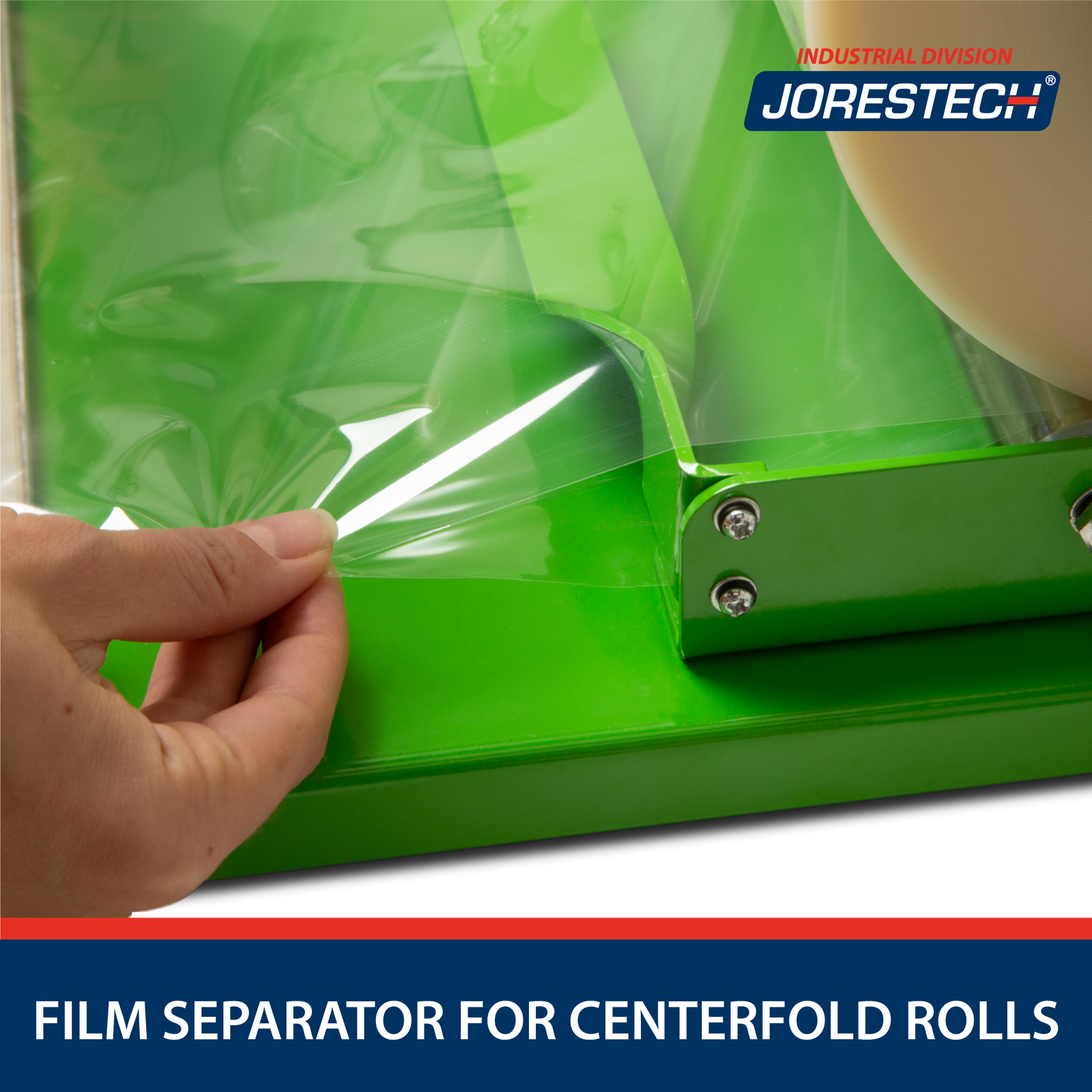 Hand pulling shrink film from a centerfold shrink roll. Detail shows how the film separating arm keeps both sides of the film neatly separated from each other for an easier packaging experience. Bottom text reads “Film Separator for Centerfold Rolls”. 