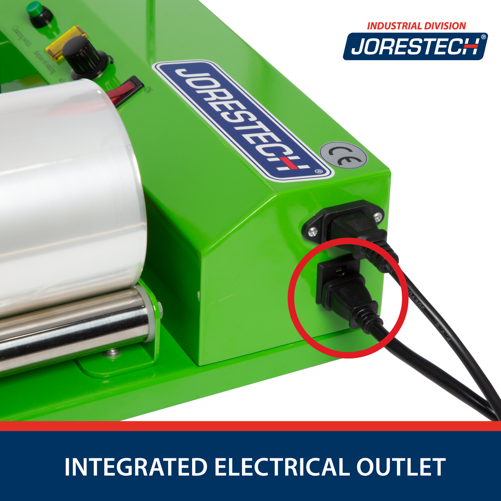 Close up detail shot of two electrical sockets incorporated onto a JORES TECHNOLOGIES® shrink packaging film sealers with roll dispenser. Text reads: integrated electrical outlet