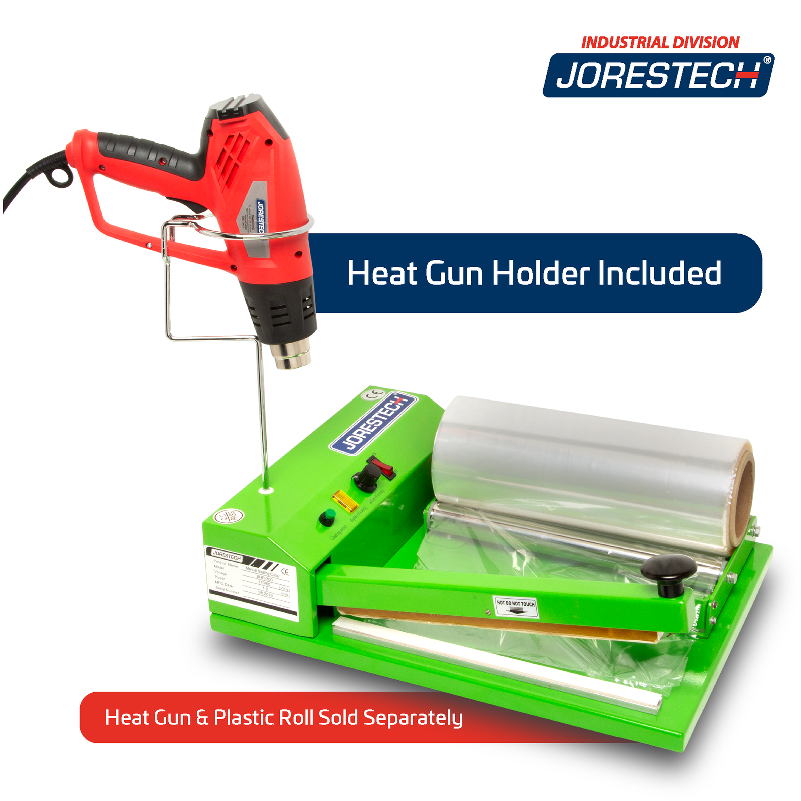 Green metal shrink packaging machine with a roll of shrink film resting on the machine's film holder and a heat gun placed on the gun holder. A blue text reads: 