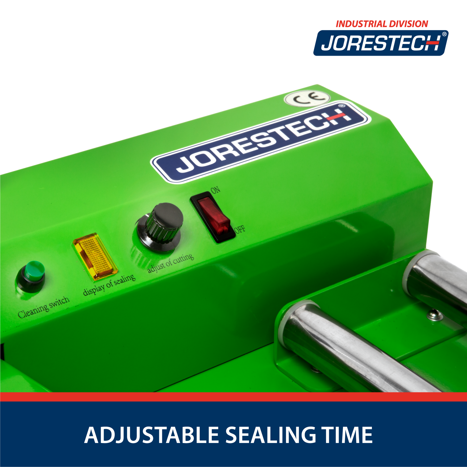 Close-up detail shot of a shrink sealer's control panel. Blue text on the bottom reads 