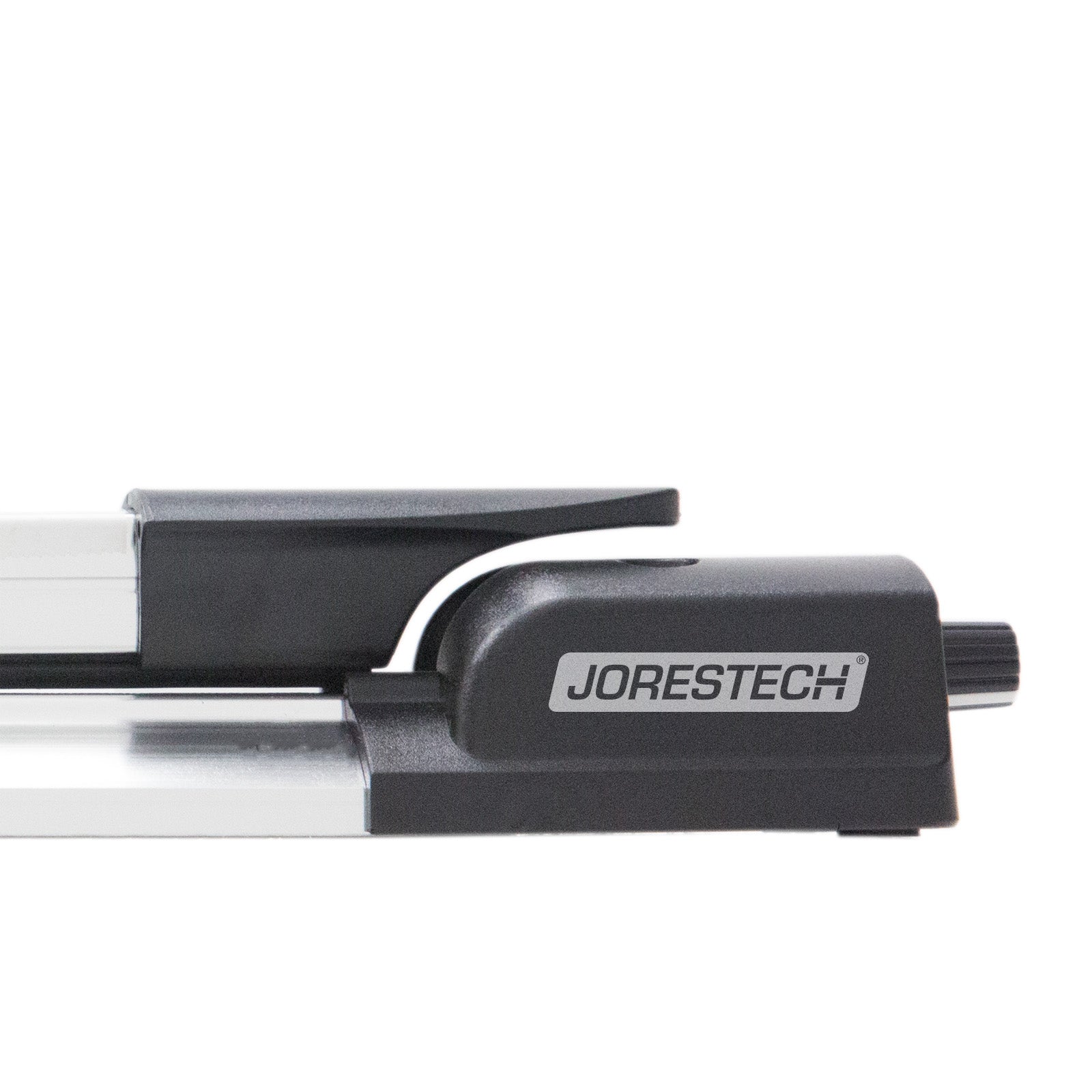 Close-up detail of the JORESTECH manual impulse sealer’s top sealing jaw closed, and side view of the sealing time adjustment knob. 