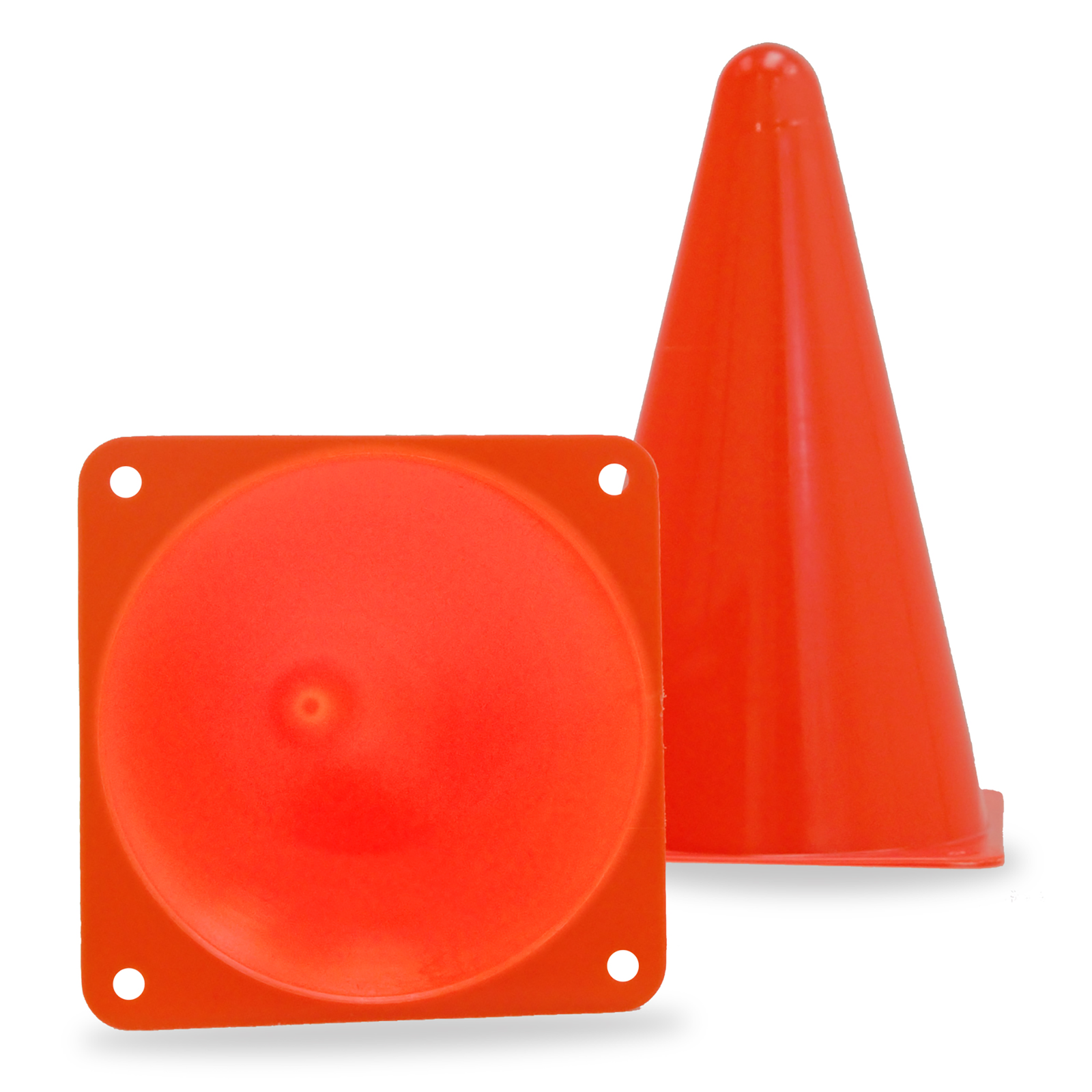 2 orange cones, one standing and the other one is on the ground showing 4 holes on the corners
