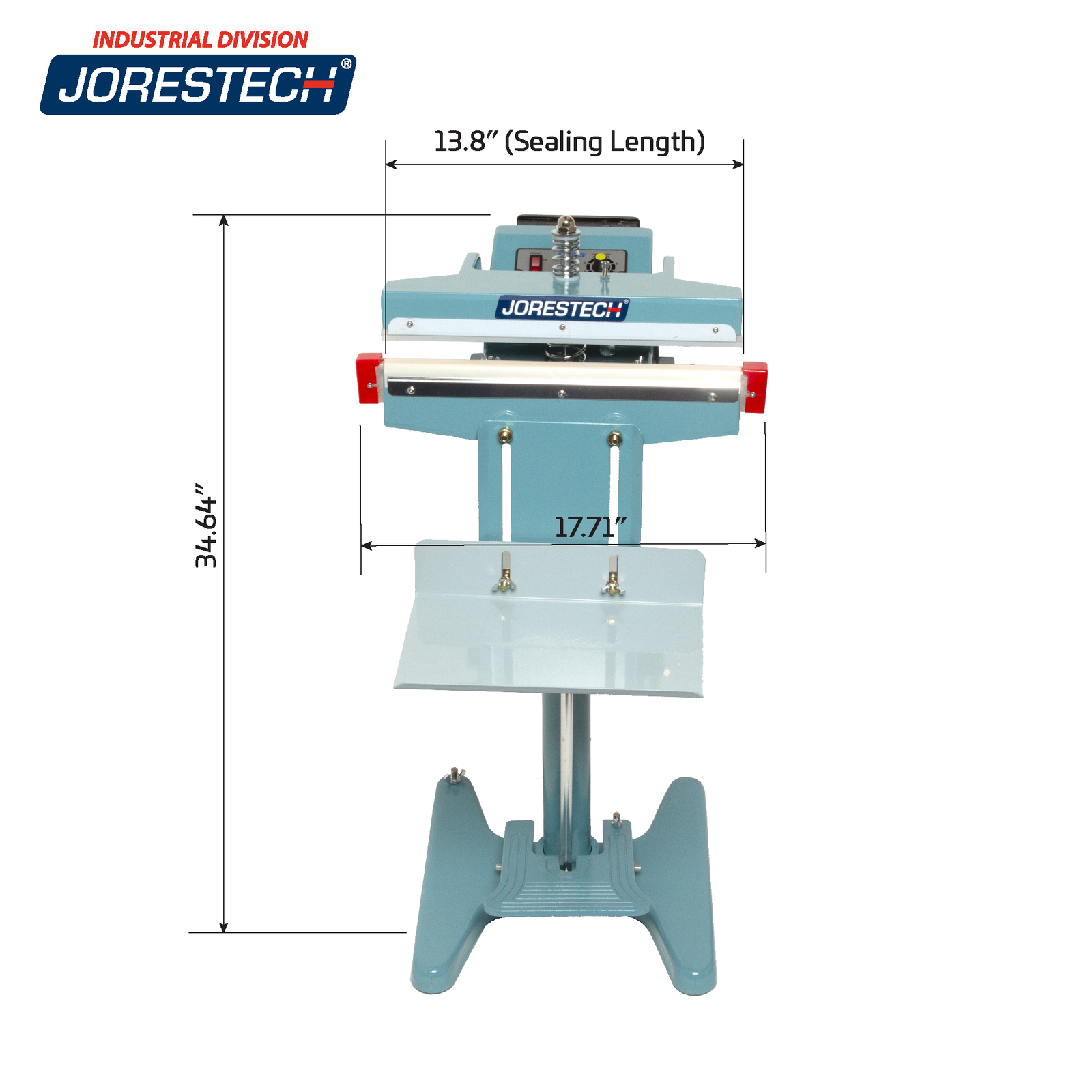 Infographic shows JORES TECHNOLOGIES® foot impulse bag sealer with machine measurements. Machine measurements are 17.71