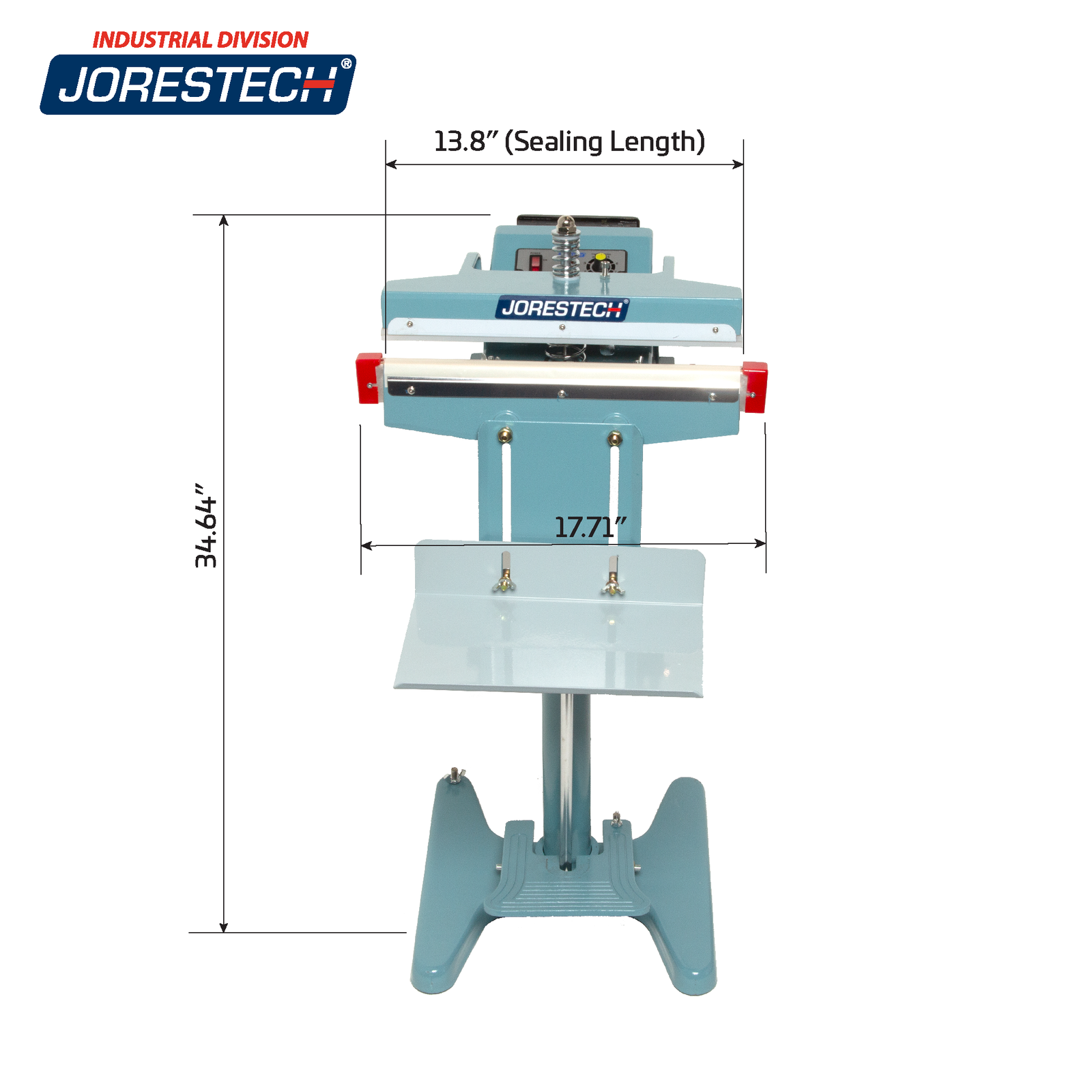 Infographic shows blue JORESTECH foot impulse sealer with machine measurements. Machine measurements are 17.71