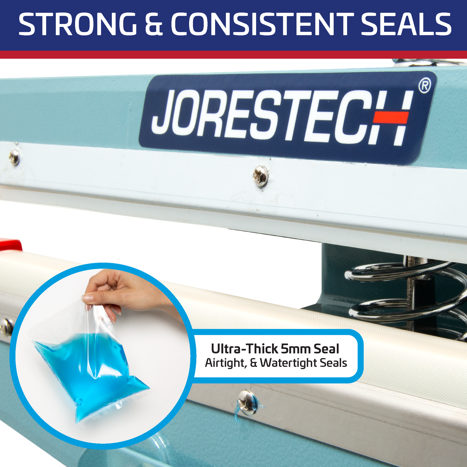 Titled reads: “strong and consistent seals” Zoom showing the sealing element. A Highlighted feature reads 