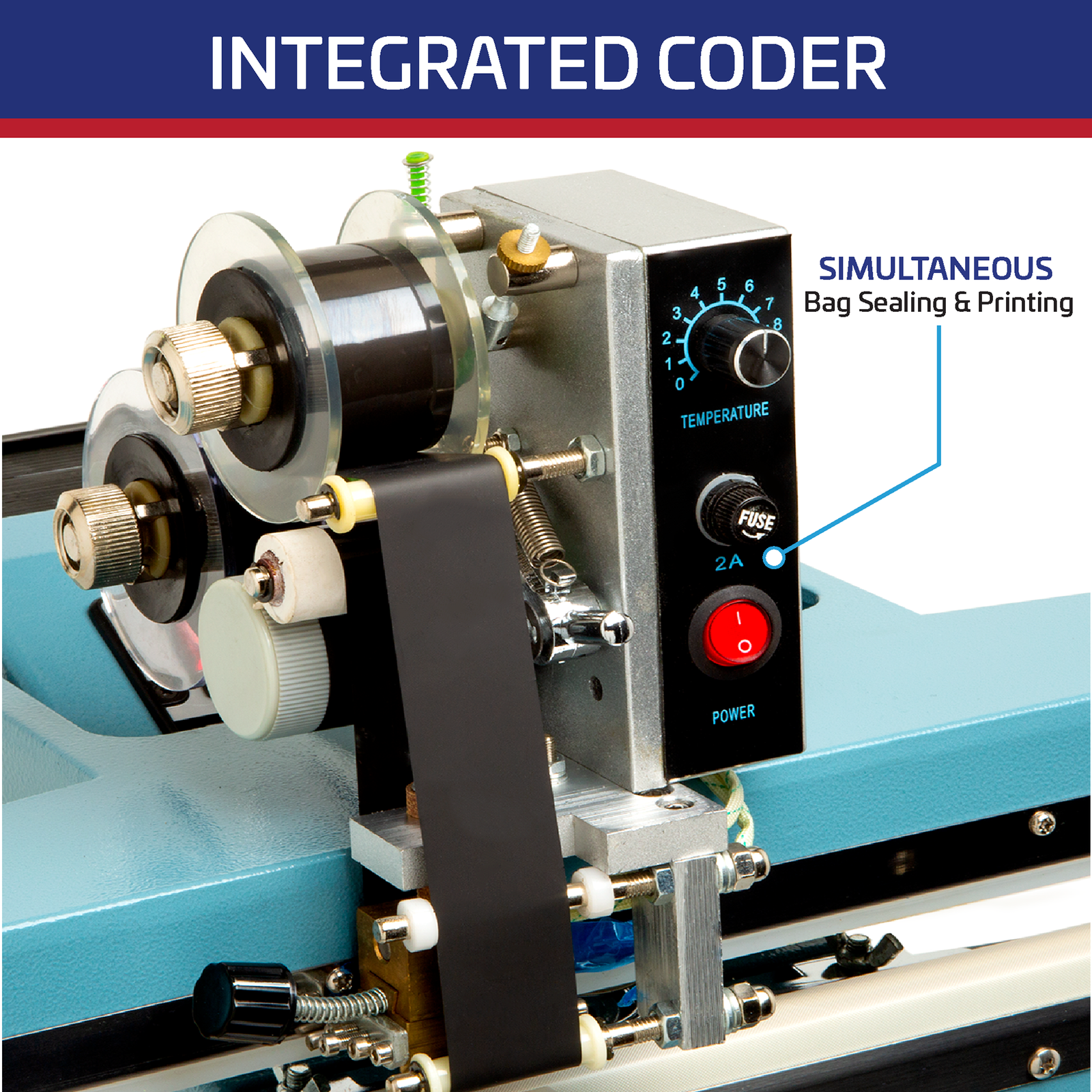 Titled reads: “Integrated Coder” shows a close up of the hot stamp printer and a text highlighting the machine’s simultaneous bag sealing and printing capabilities.