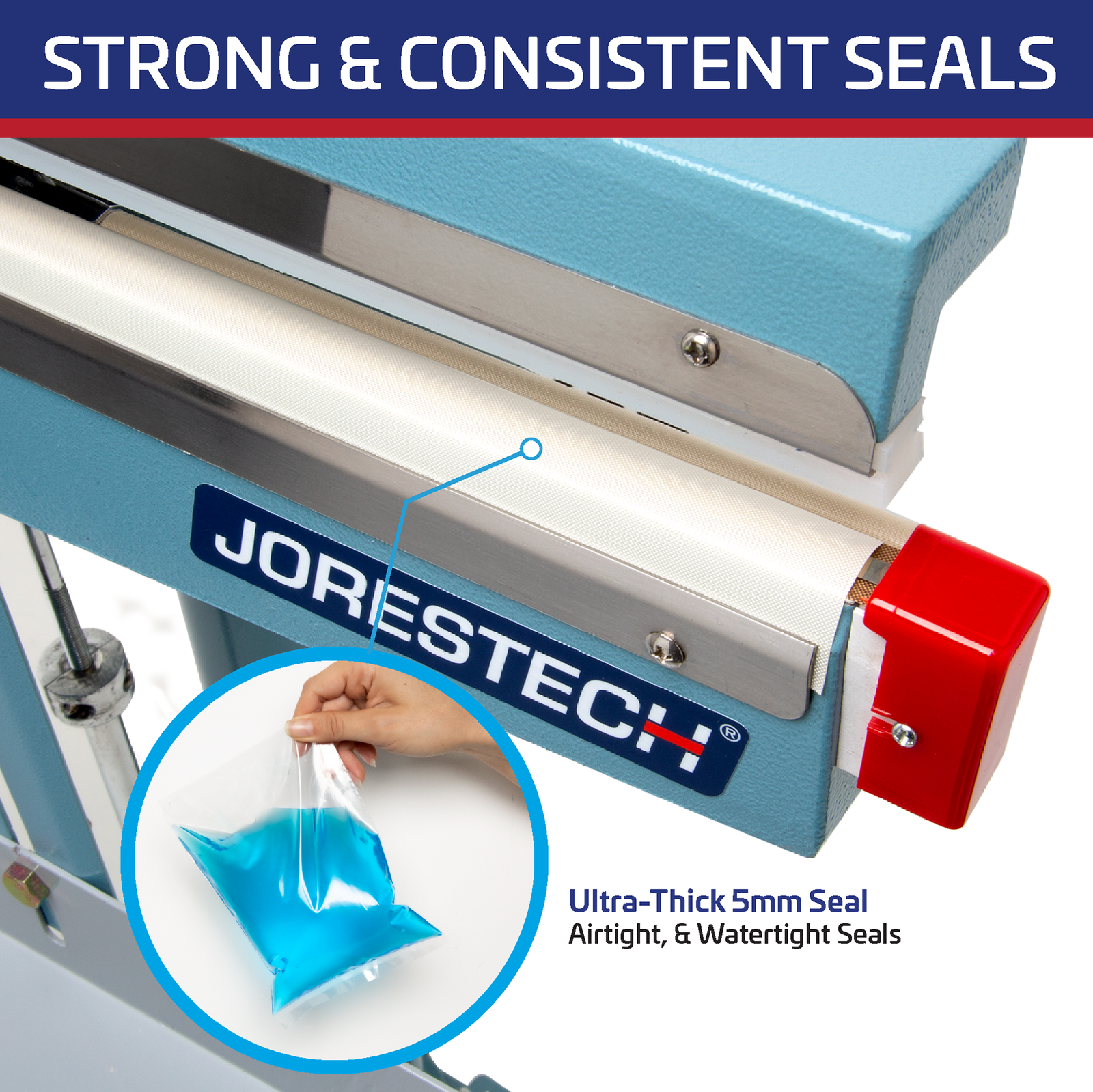 Titled reads: “strong and consistent seals” Zoom shows the sealing element. A Highlighted feature reads 