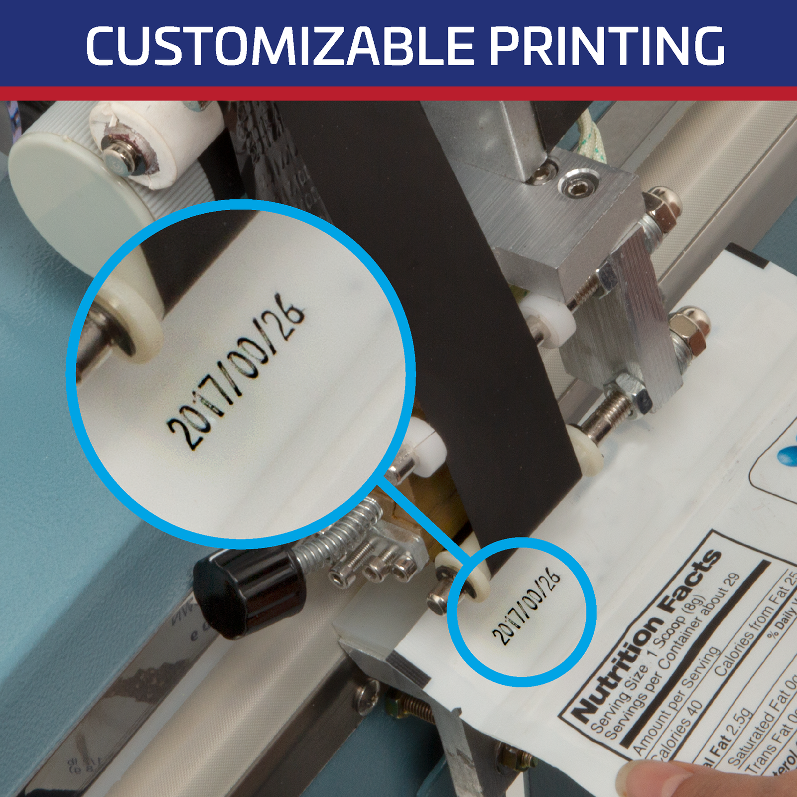 Title reads: “Customizable printing” Zoom show a stamp coder printing the date on a white plastic bag.