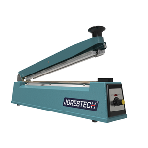 Blue manual impulse sealer machine with cutter. Bag sealing machine is shown with open jaw and JORESTECH logo.