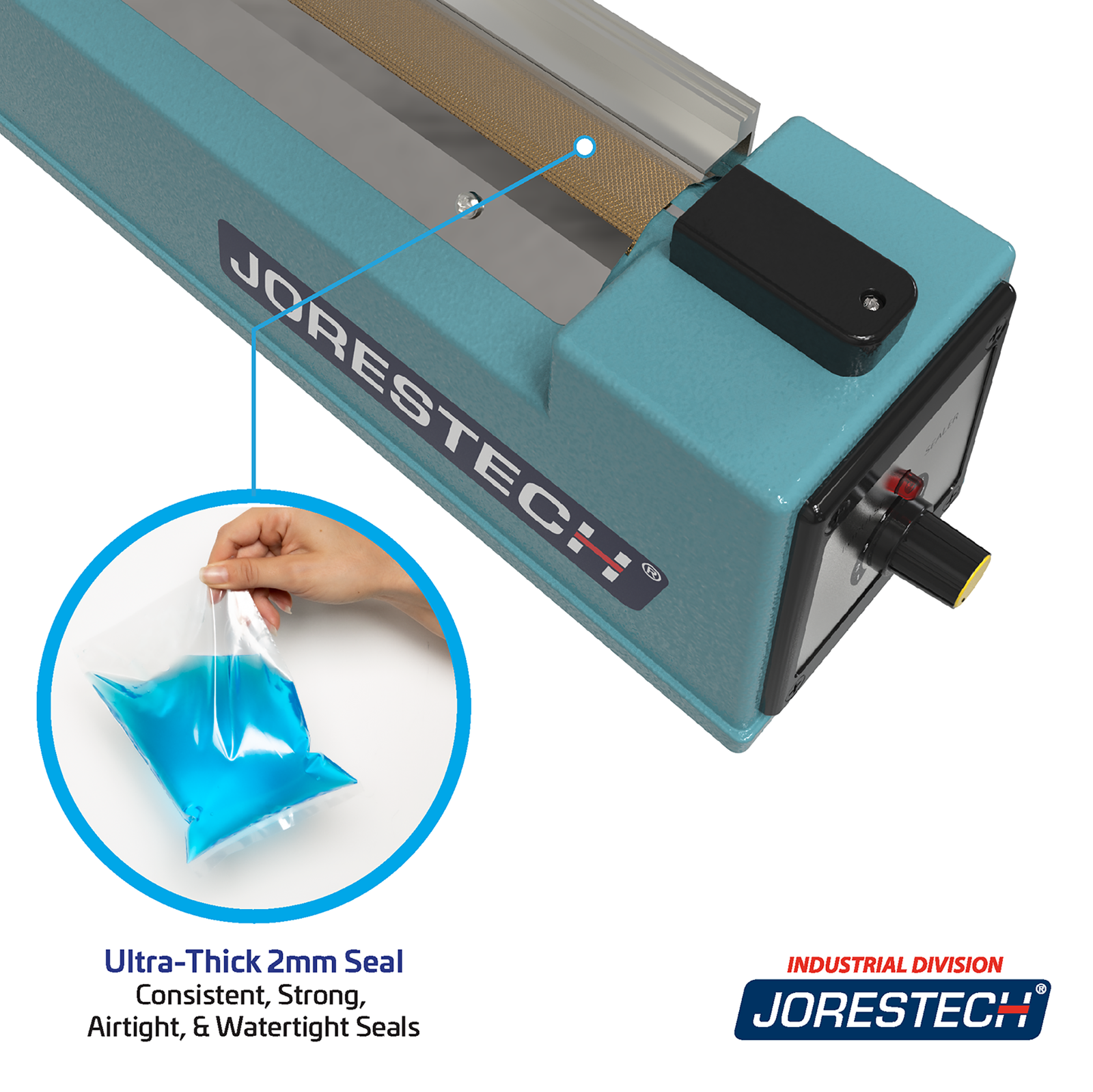 Infographic of the 16 inch manual impulse sealer. Zoom in of the sealing element. Feature reads 