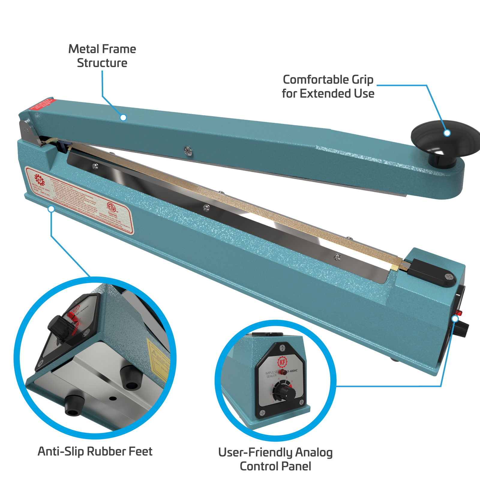 16 inch manual impulse sealer over white background. Features include, Metal Frame Structure, Comfortable Grip for Extended Use, Anti-slip Rubber Feet, and User Friendly Analog Control Panel. Zoom in show close-ups of rubber feet and control panel