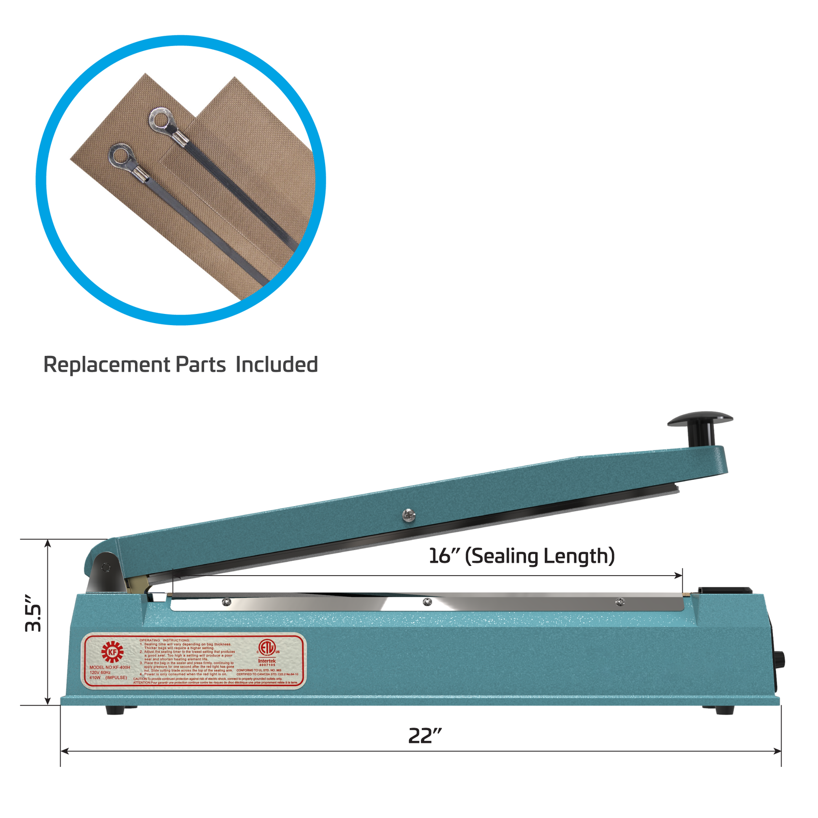 Blue manual impulse sealer with heat sealing machine measurements. Feature reads 