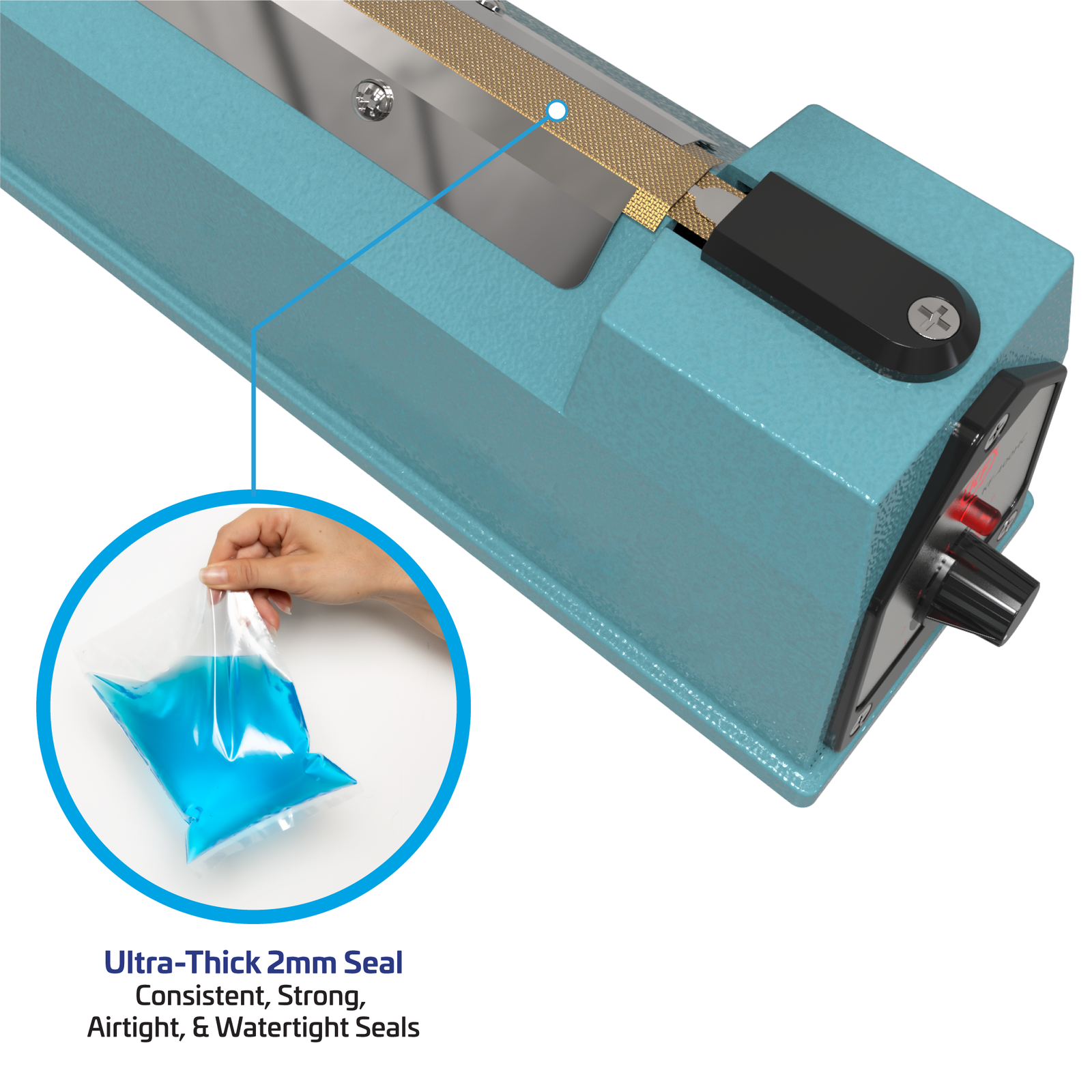 Blue manual impulse sealer. Zoomed in of the sealing element. Feature reads 