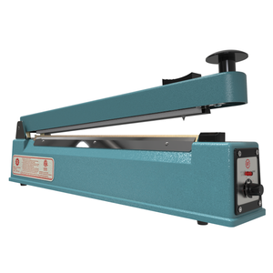 Manual bag sealing machine with cutter. Heat bag sealer is shown with open jaw.