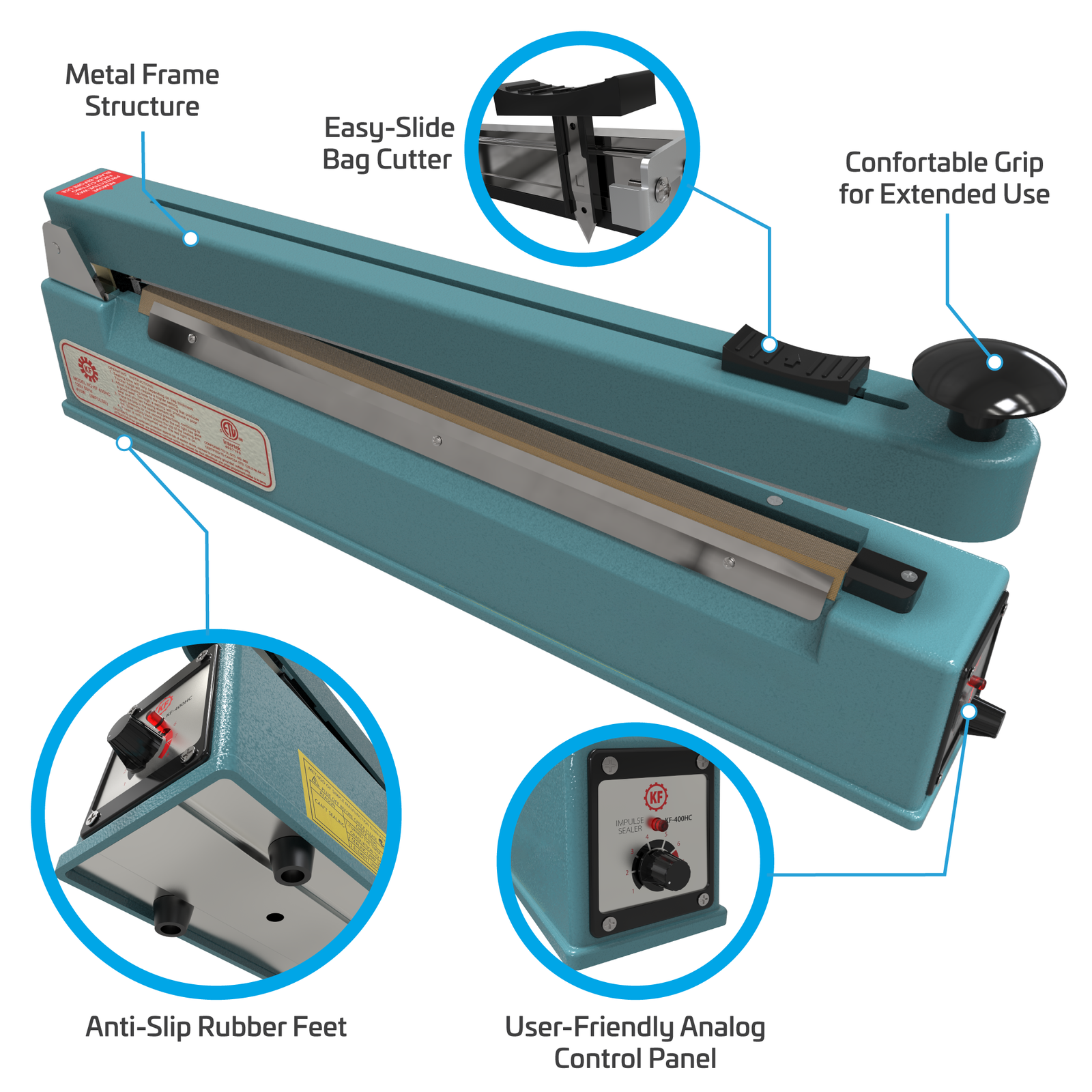 Infographic shows blue manual impulse sealer. Highlighted features include, Metal Frame Structure, Easy-slide bag cutter, Comfortable Grip for Extended Use, Anti-slip Rubber Feet, and User Friendly Analog Control Panel. Zoom in show close-ups of rubber feet and control panel