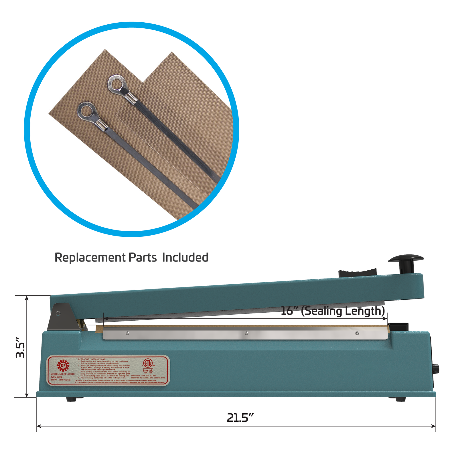 Blue portable manual impulse bag sealer with machine measurements. Feature reads 