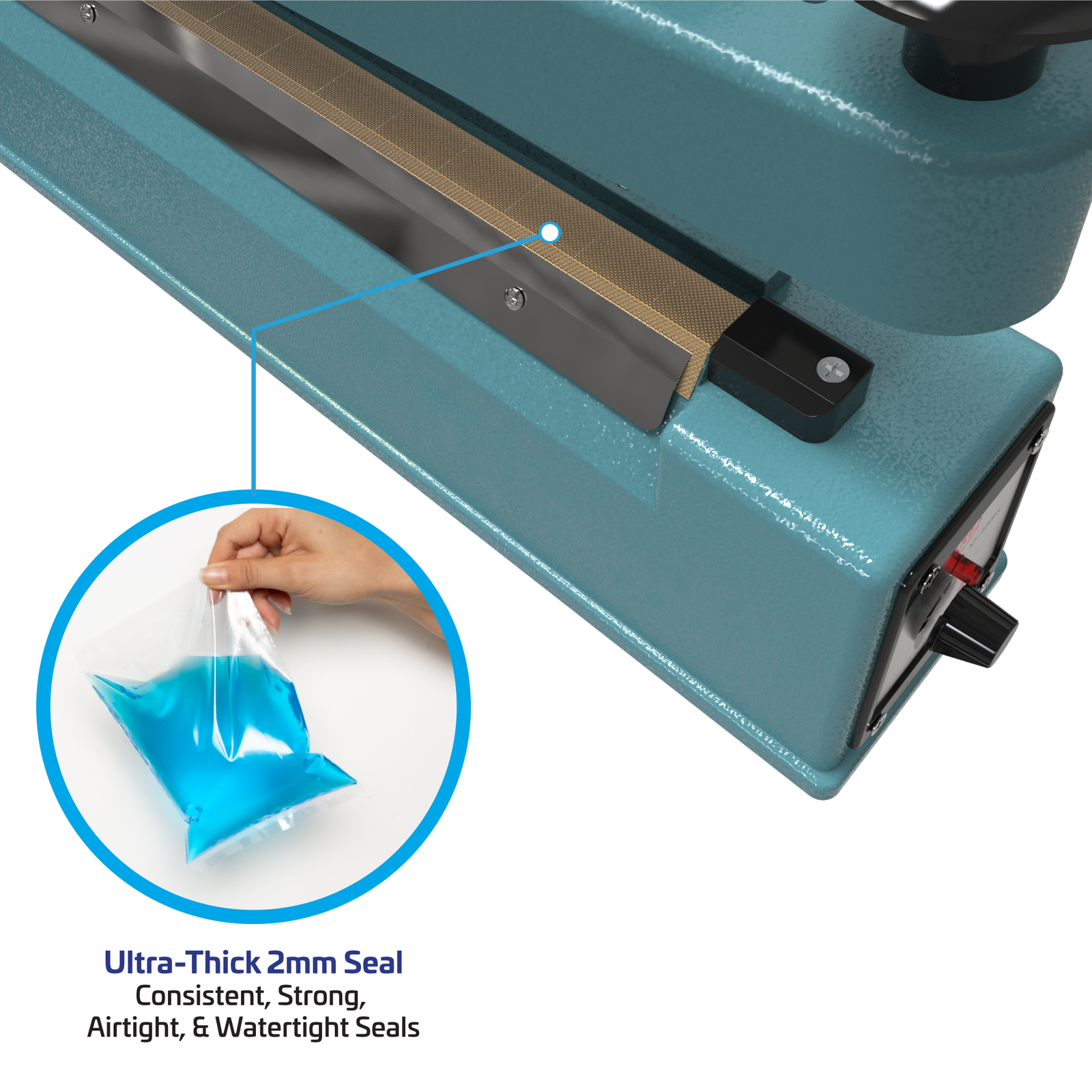 16 Inch manual impulse sealer with cutter. Zoomed in showing the sealing element. Feature reads 