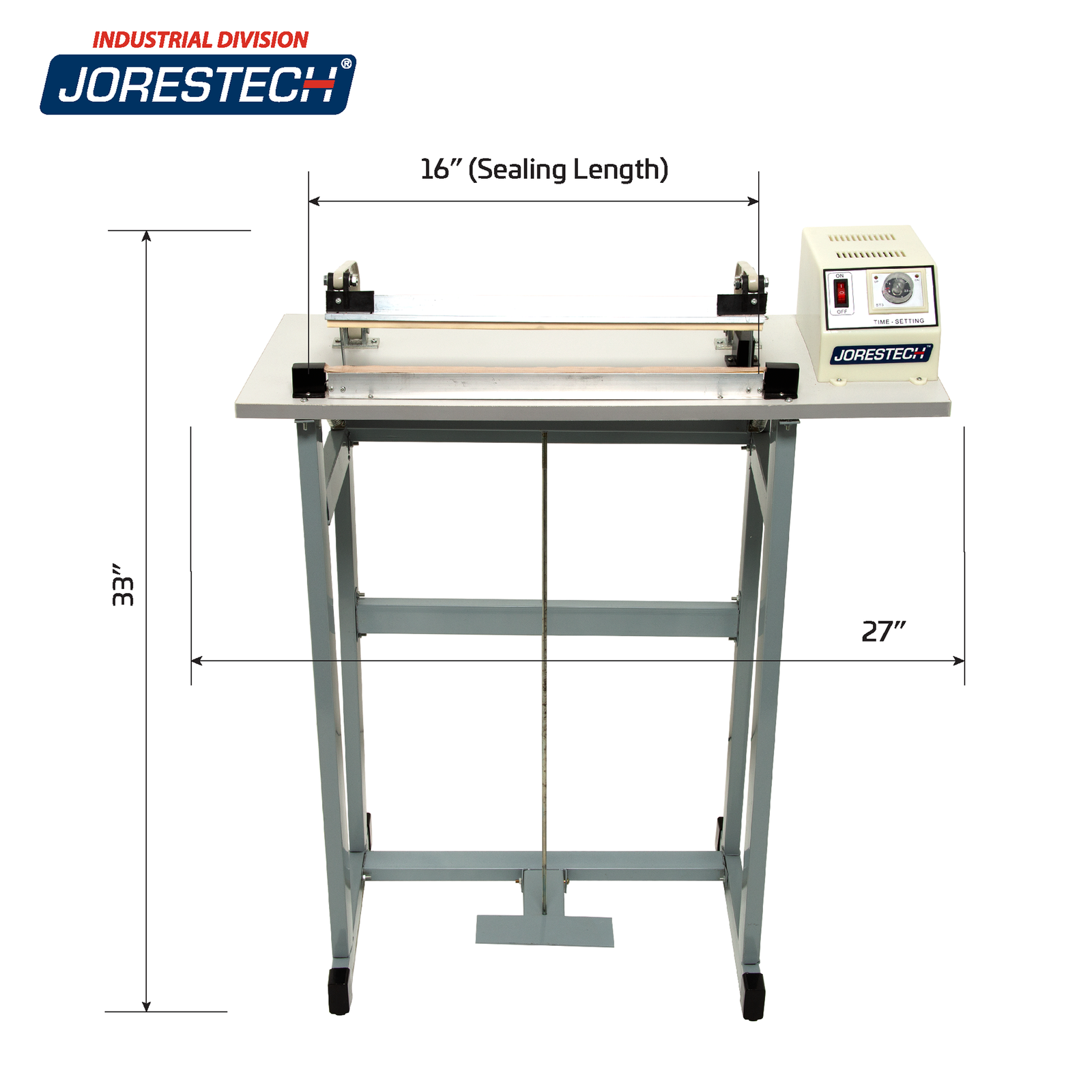 Infographic shows JORESTECH table top foot impulse sealer with machine measurements. Machine measurements are 27