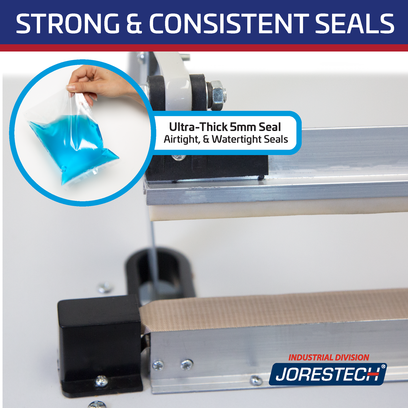 Title reads: “strong and consistent seals” Zoom showing the sealing element. A Highlighted feature reads 