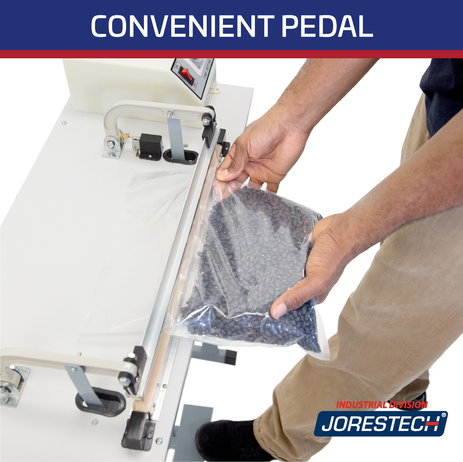 Title reads: “Convenient Pedal” shows a bag full of black beans being sealed with the Jorestech impulse foot sealer. 