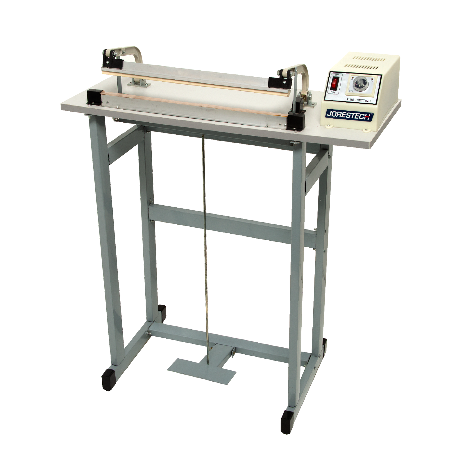 Diagonal view of JORESTECH foot impulse bag sealer on white background 