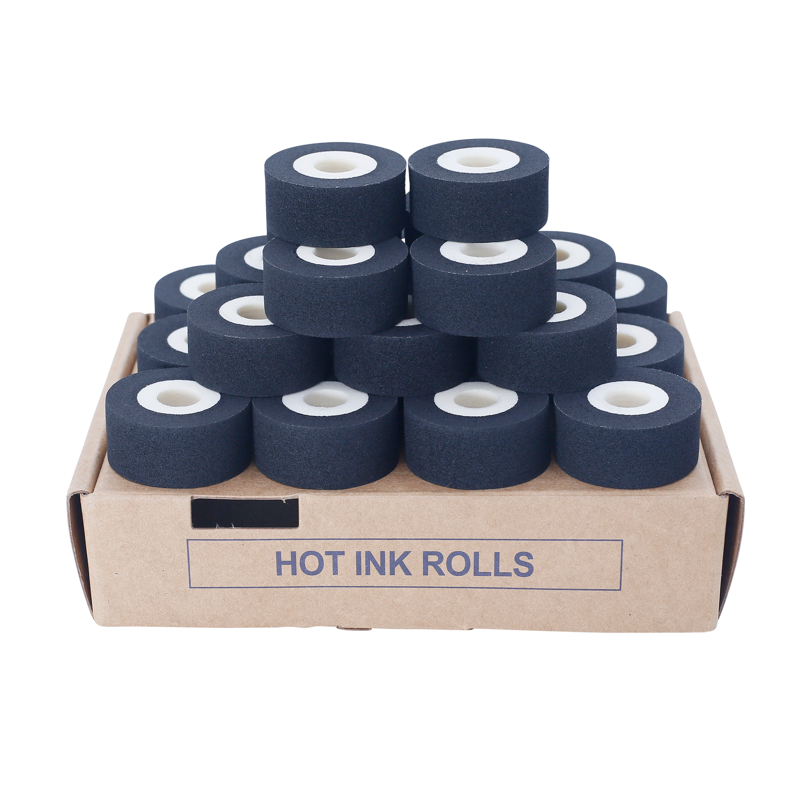 Pack of 24 rolls of 16mm black hot ink stamp rolls positioned on top of their original card box