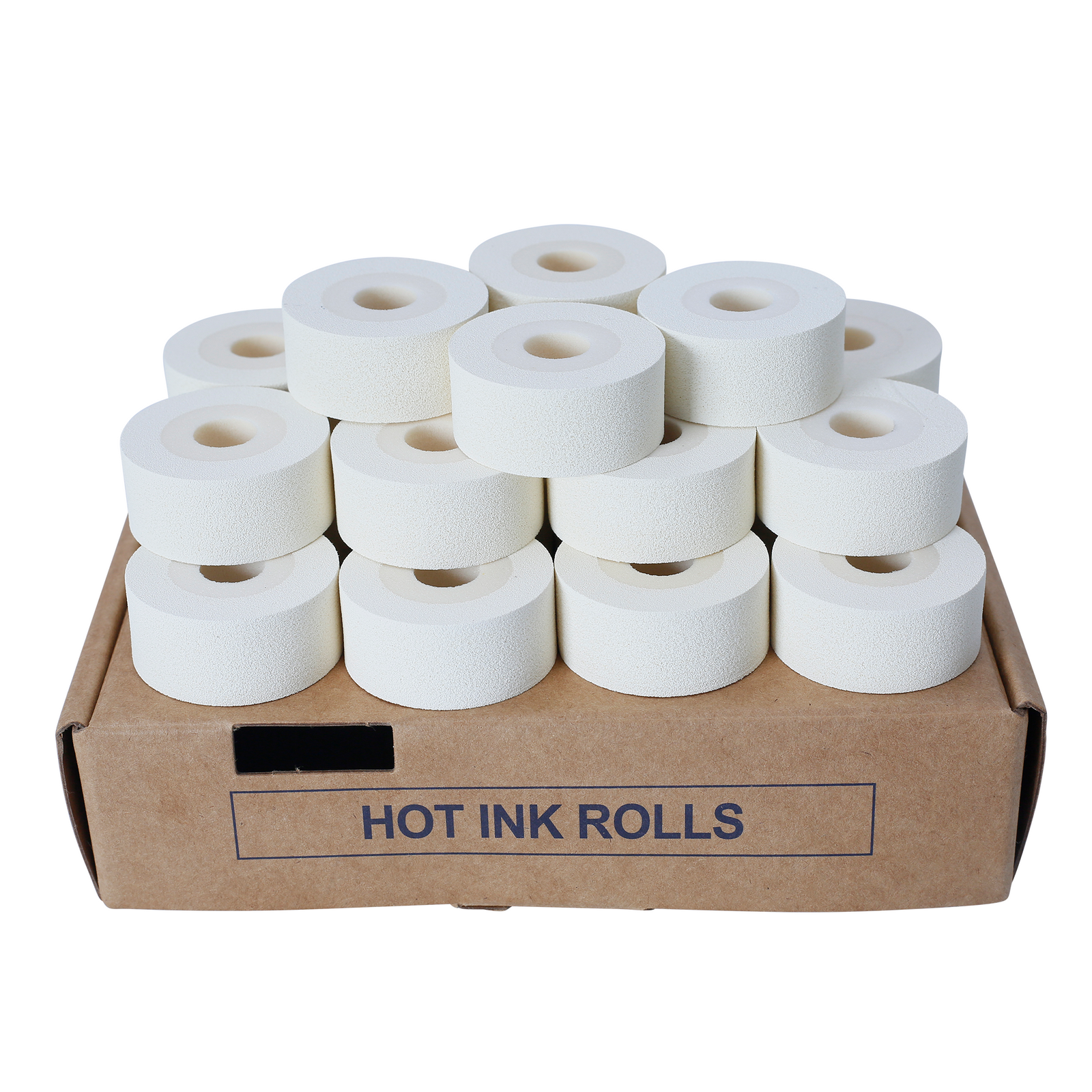 Pack of 24 rolls of 16mm white hot ink stamp rolls positioned on top of their original card box
