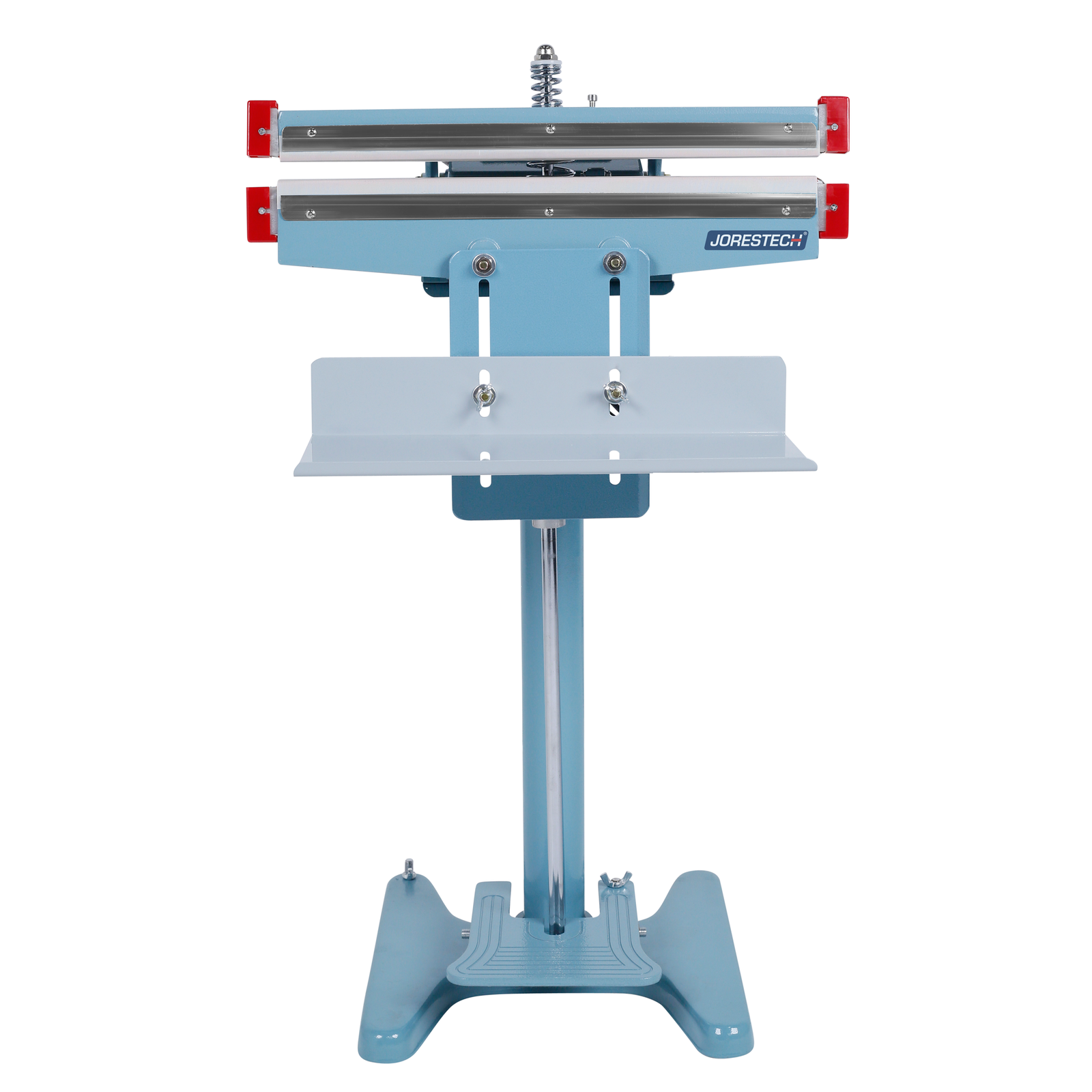 A blue foot impulse sealer. Machine is shown with open double sealing jaw to seal thicker bags. JORES TECHNOLOGIES® foot bag sealers.