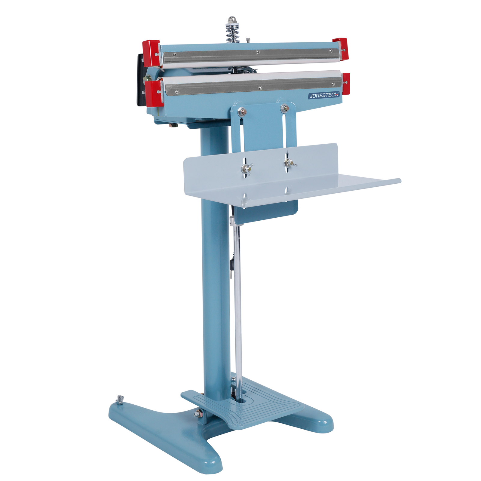 Blue 18 inch double heat foot impulse sealer over white background. Bag sealer is shown with open double sealing jaw and JORES TECHNOLOGIES® logo.
