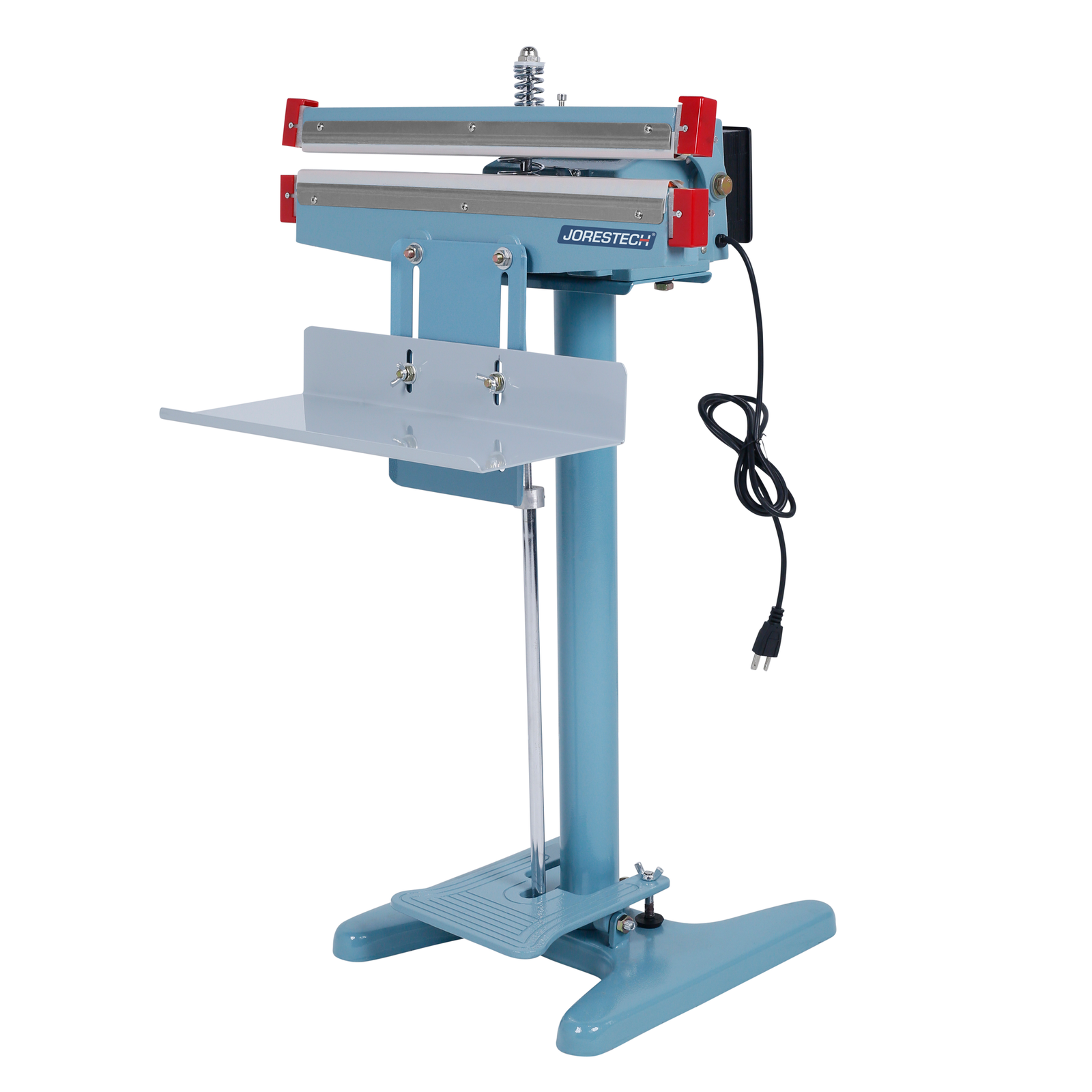 Double heat foot impulse bag sealer. Bag sealer is shown with open double sealing jaw and JORES TECHNOLOGIES® logo.