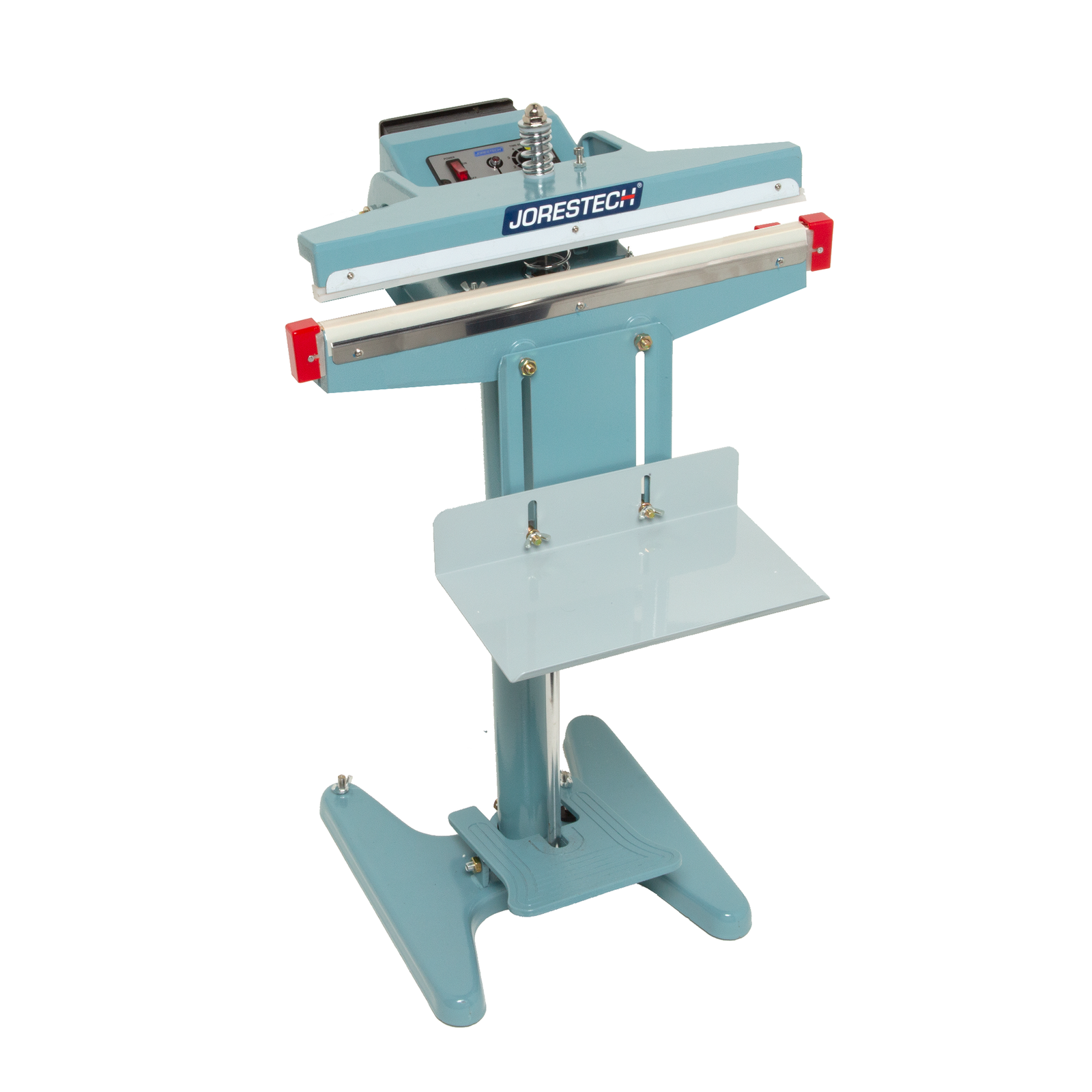 Blue foot impulse sealer over white background. Machine is shown with open sealing jaw and JORES TECHNOLOGIES® logo.