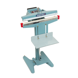 Blue foot impulse sealer over white background. Machine is shown with open sealing jaw and JORESTECH logo.